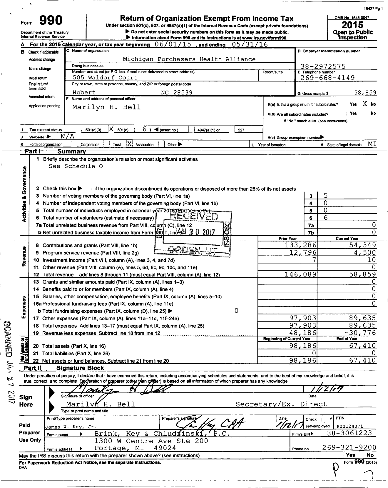 Image of first page of 2015 Form 990O for Michigan Purchasers Health Alliance