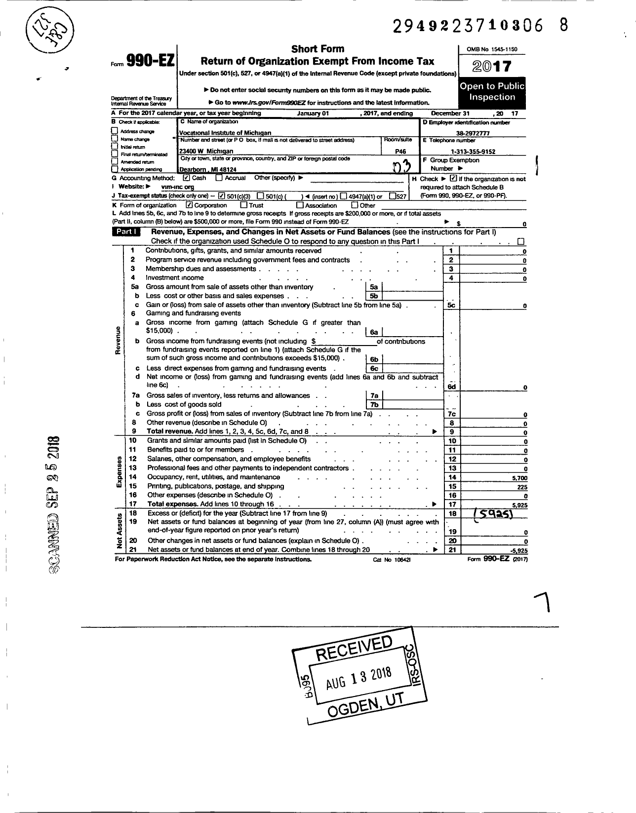 Image of first page of 2017 Form 990EZ for Vocational Institute of Michigan