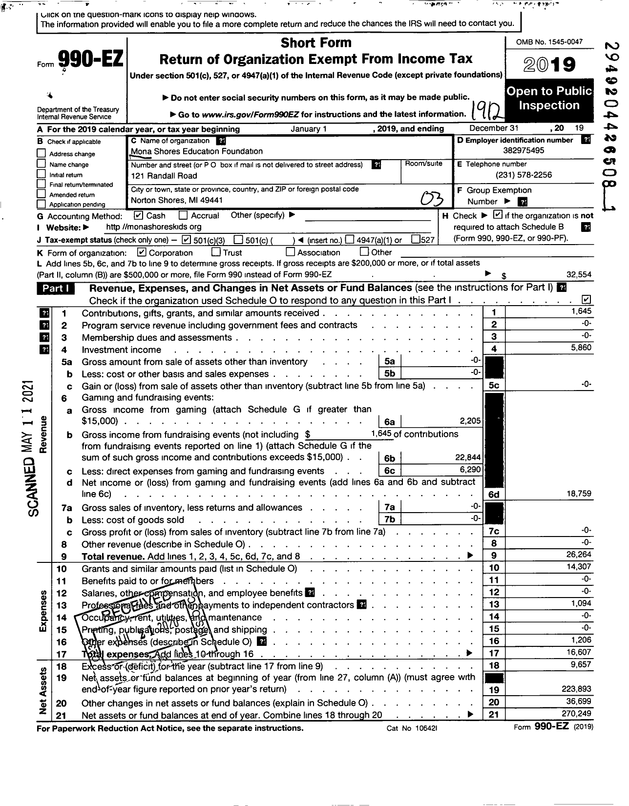 Image of first page of 2019 Form 990EZ for Mona Shores Education Foundation