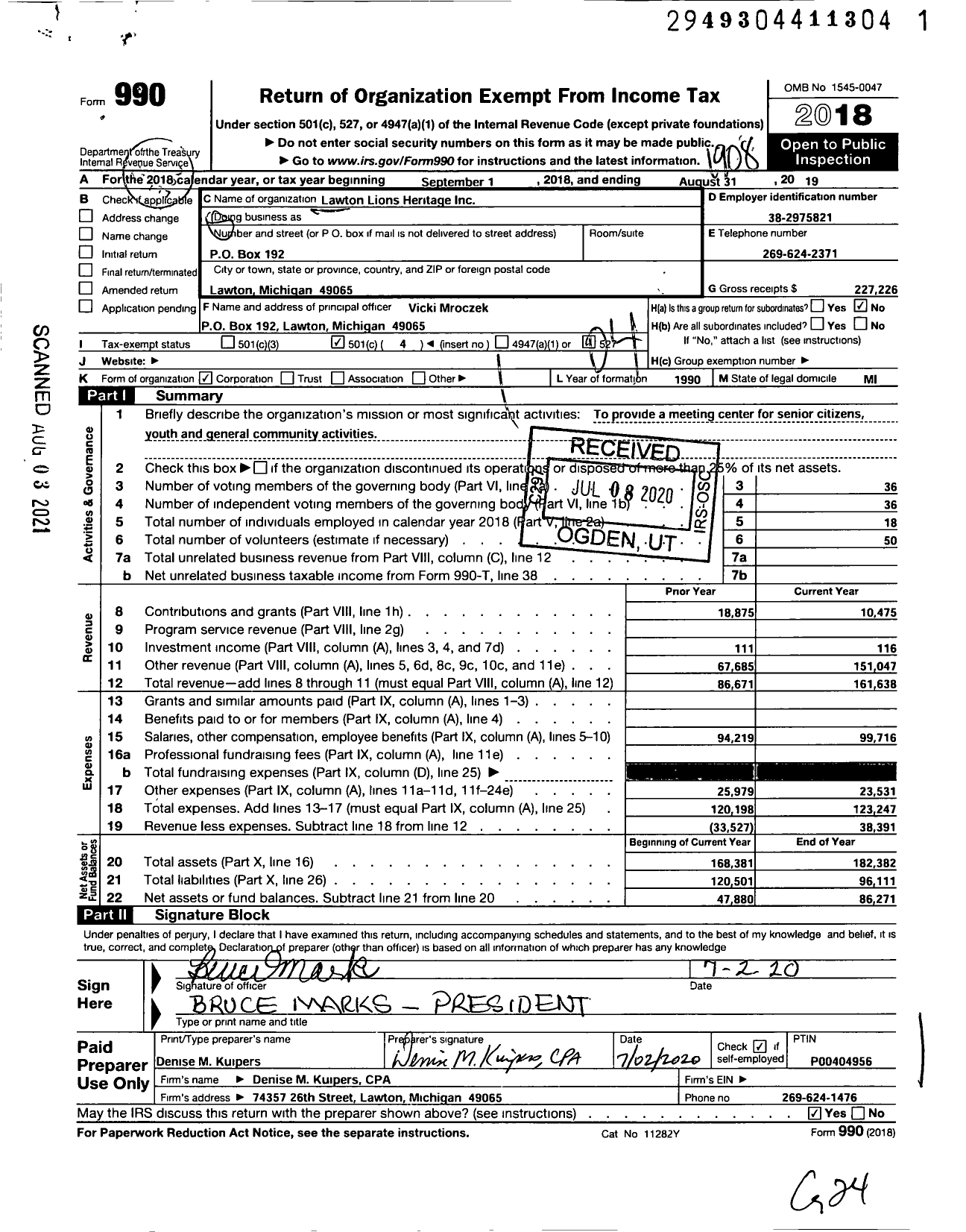 Image of first page of 2018 Form 990O for Lawton Lions Heritage