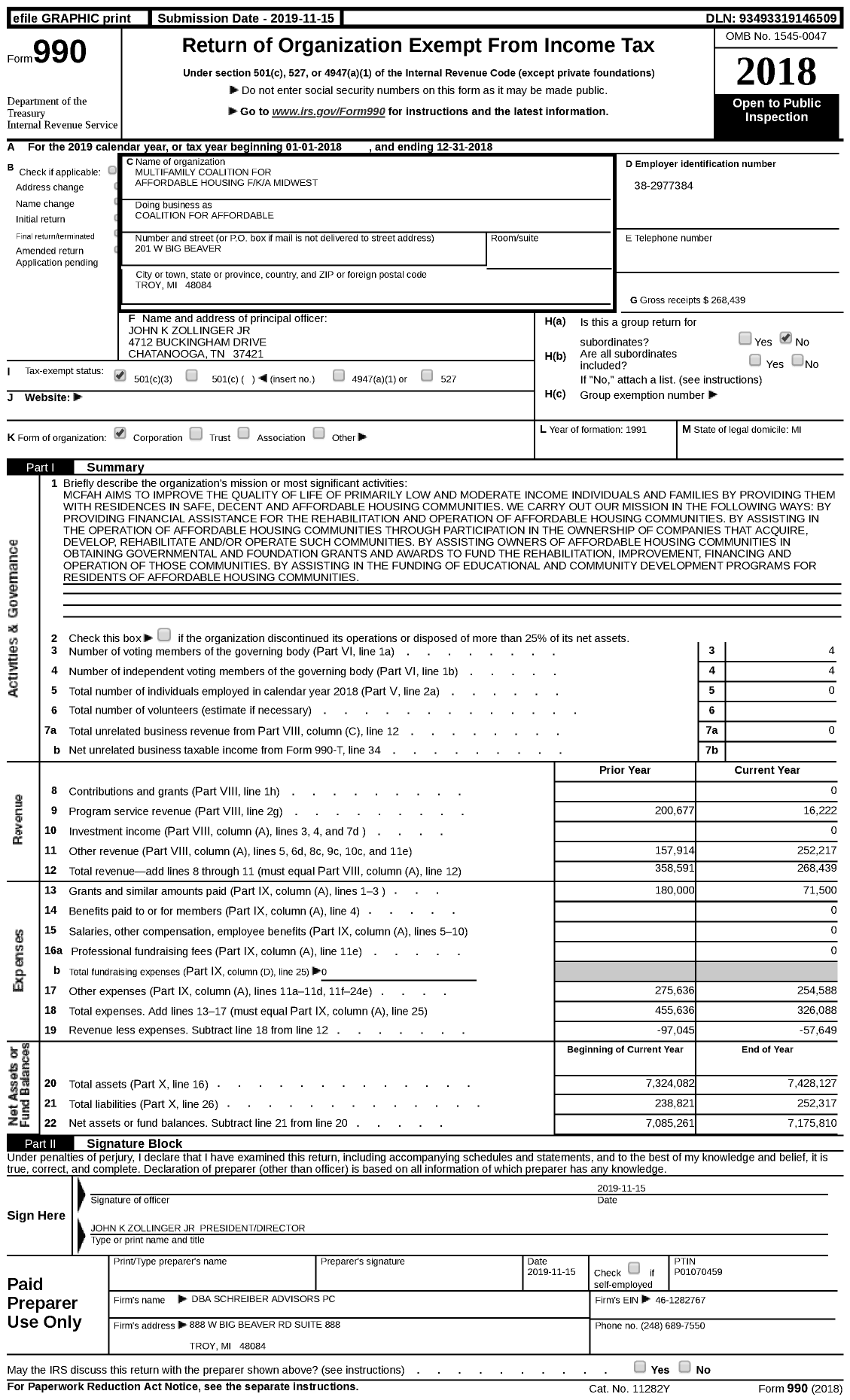 Image of first page of 2018 Form 990 for Multifamily Coalition for Affordable Housing (MCFAH)