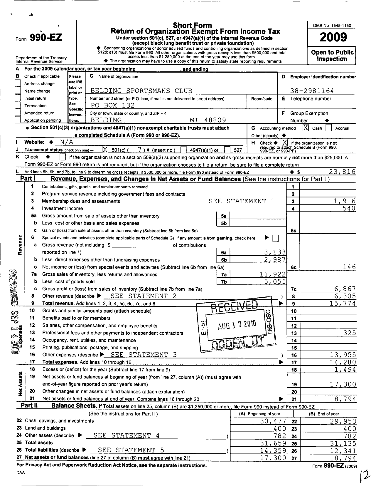 Image of first page of 2009 Form 990EO for Belding Sportsmans Club