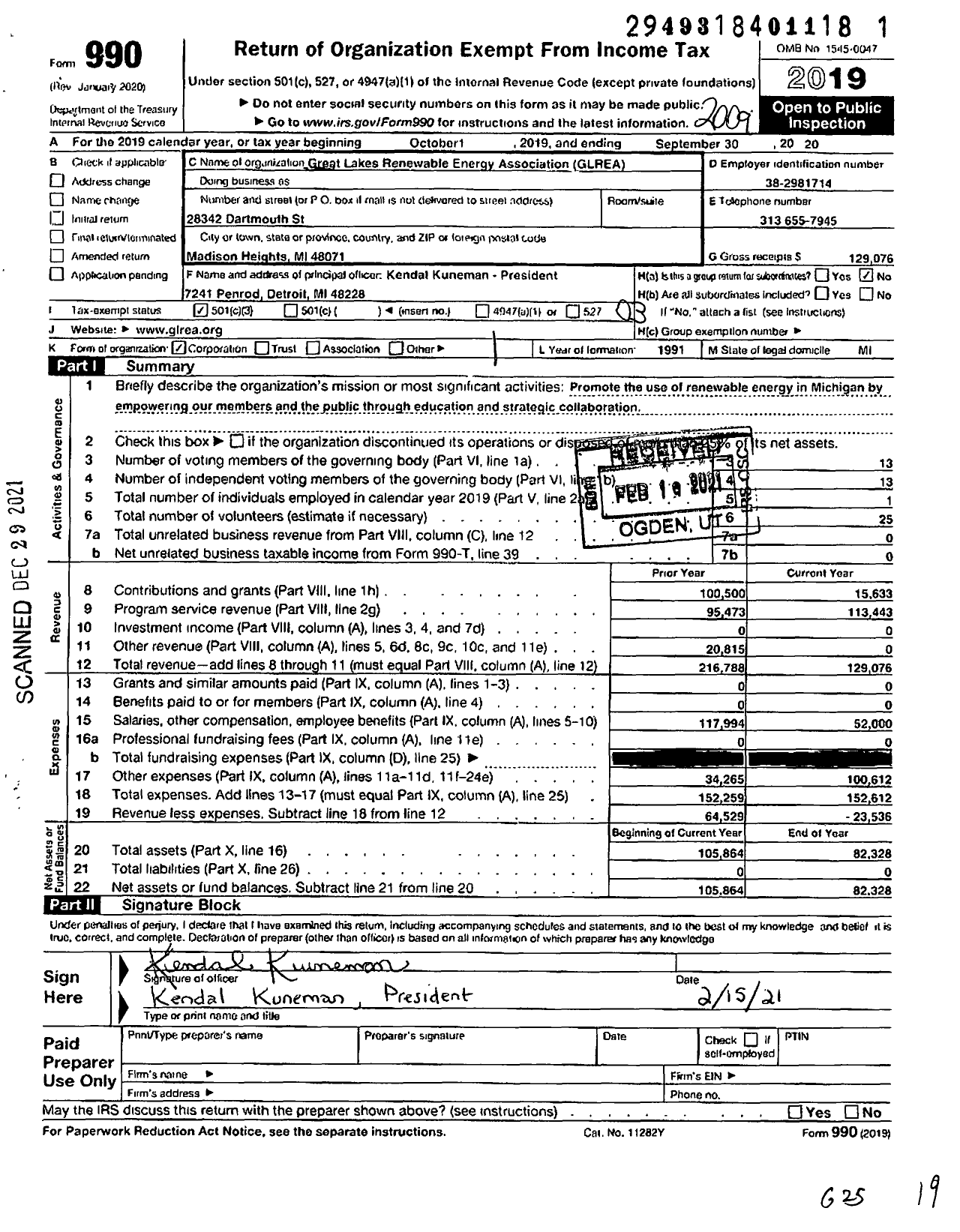 Image of first page of 2019 Form 990 for Great Lakes Renewable Energy Association