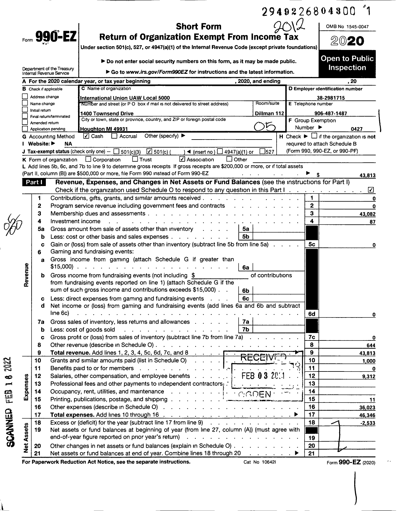 Image of first page of 2020 Form 990EO for Uaw - 5000 Local