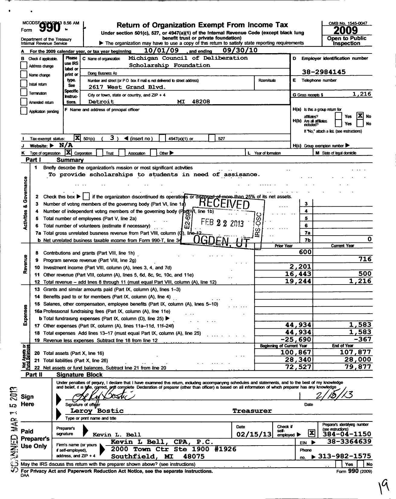 Image of first page of 2009 Form 990 for Inc / Michigan Council of Deliberation Foundation Prince Hall Affiliation