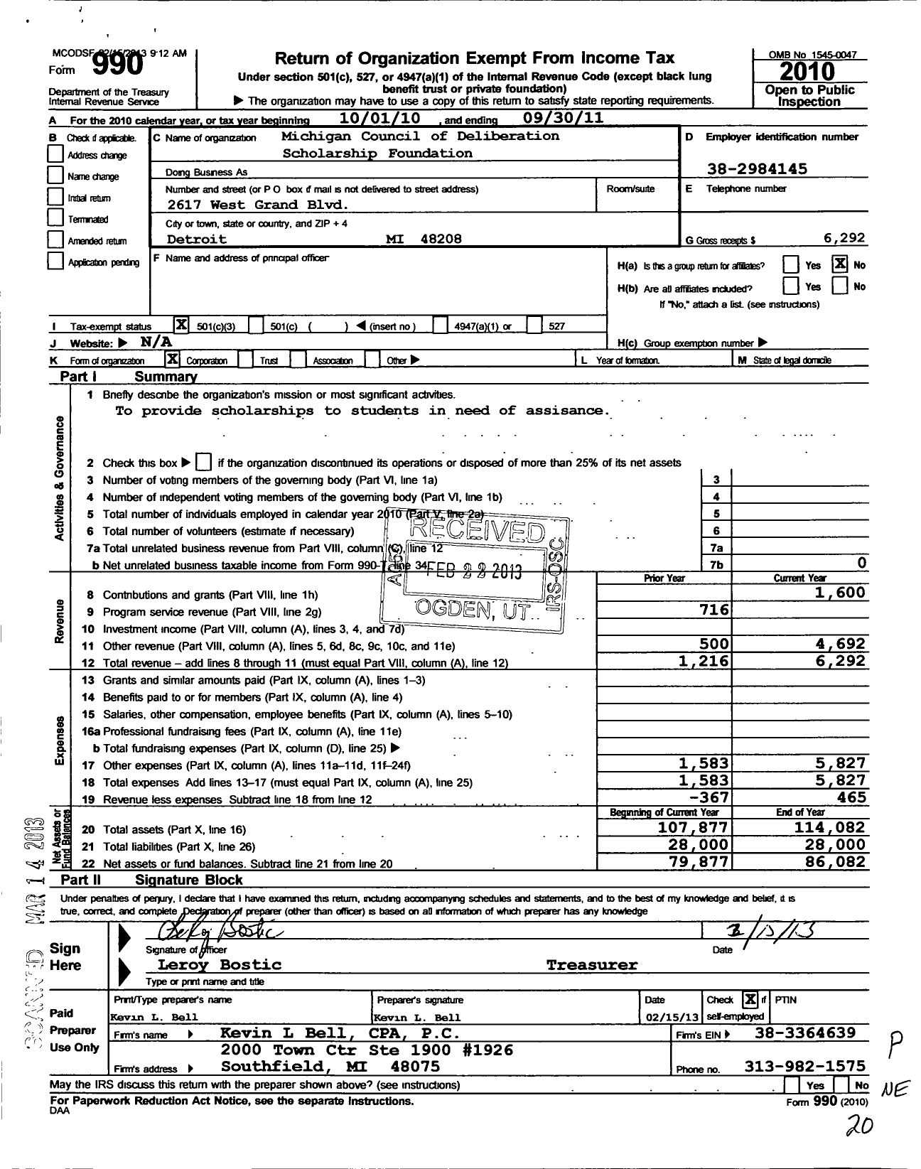 Image of first page of 2010 Form 990 for Inc / Michigan Council of Deliberation Foundation Prince Hall Affiliation