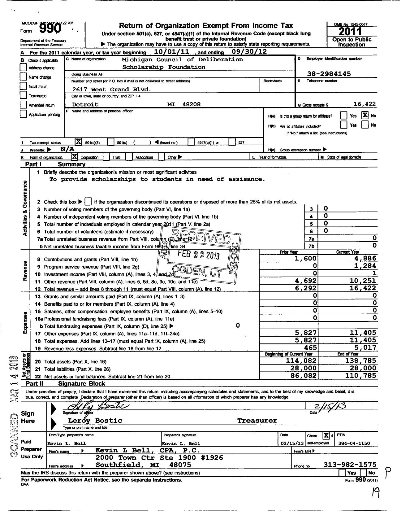 Image of first page of 2011 Form 990 for Inc / Michigan Council of Deliberation Foundation Prince Hall Affiliation