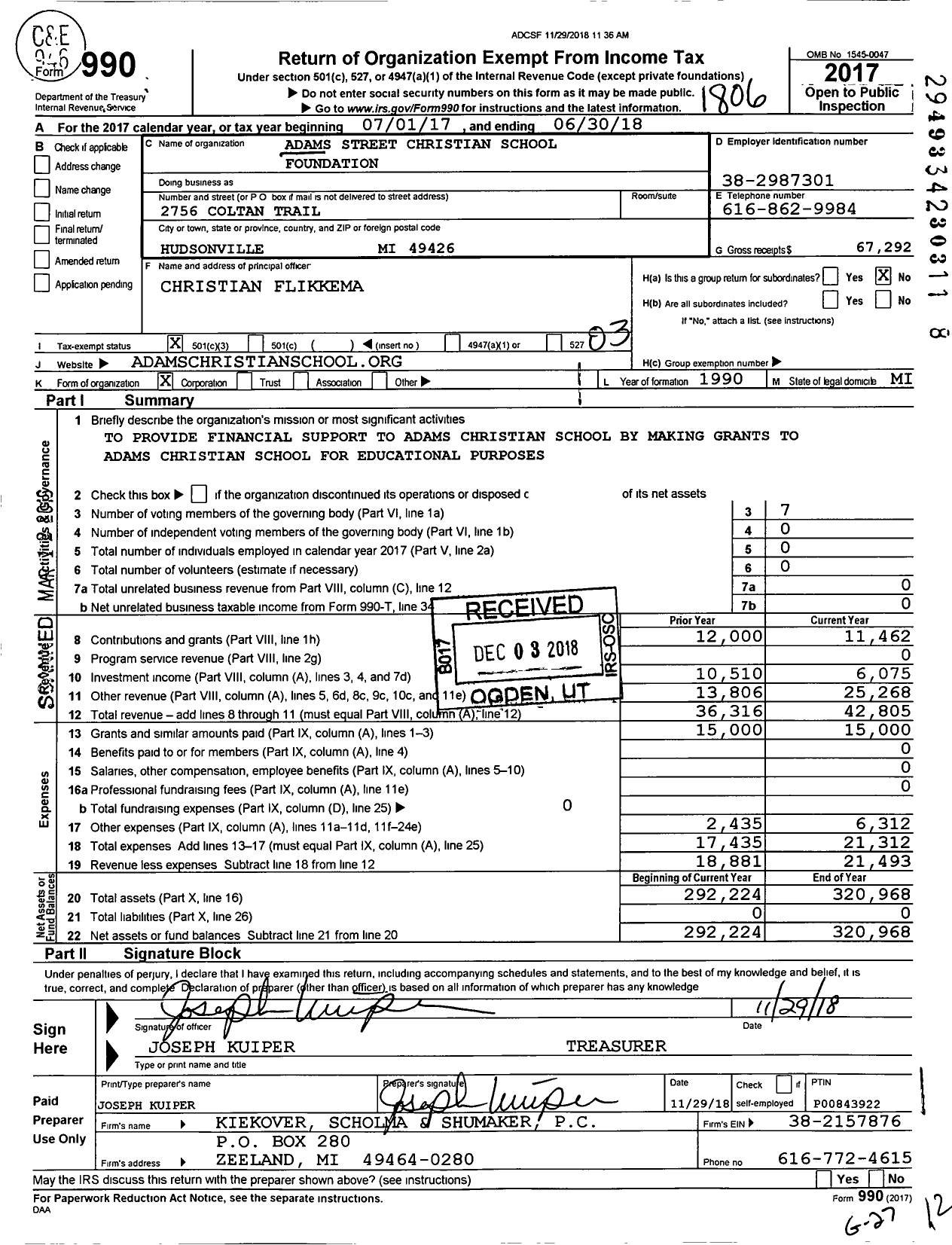 Image of first page of 2017 Form 990 for Adams Street Christian School Foundation