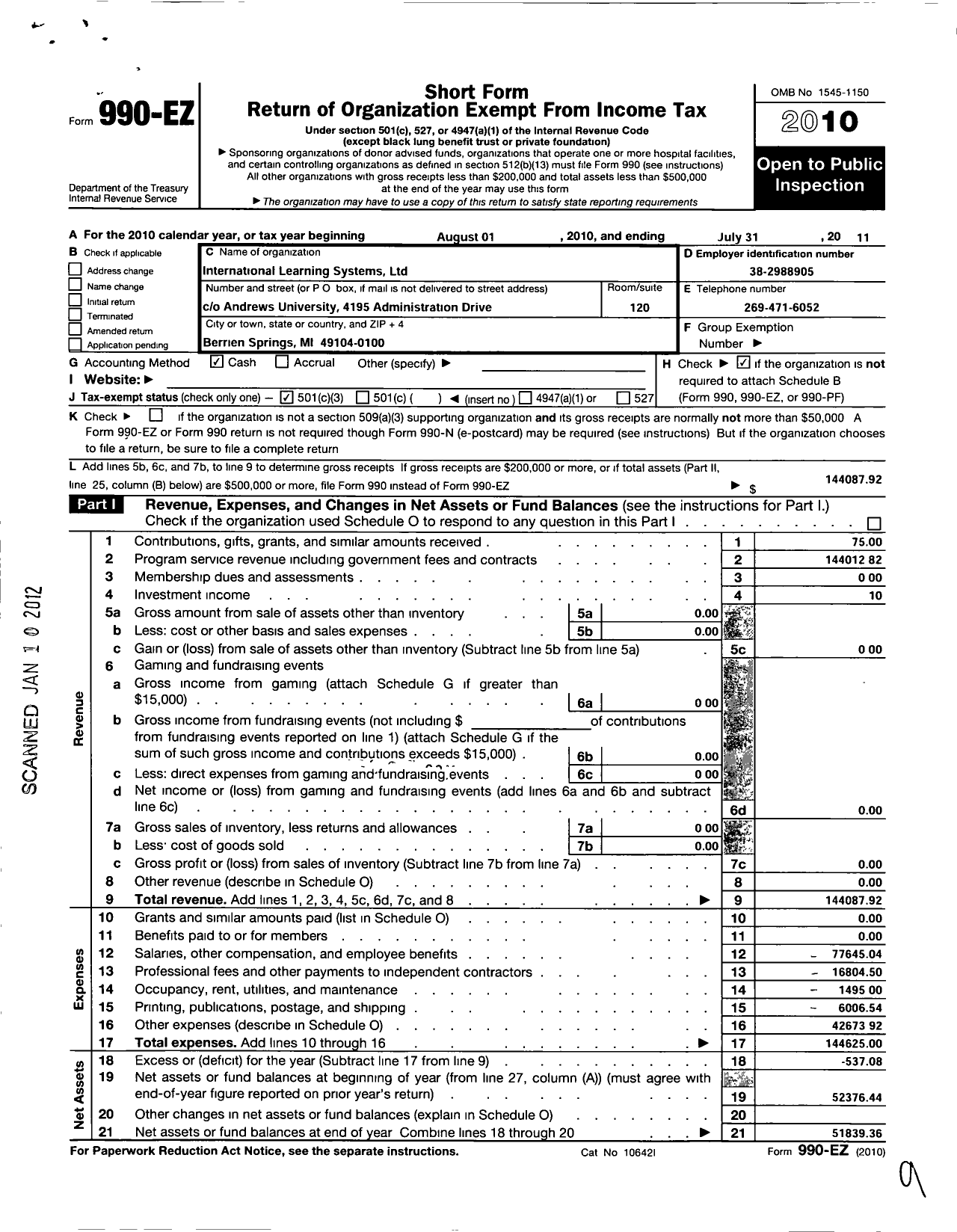 Image of first page of 2010 Form 990EZ for International Learning Systems