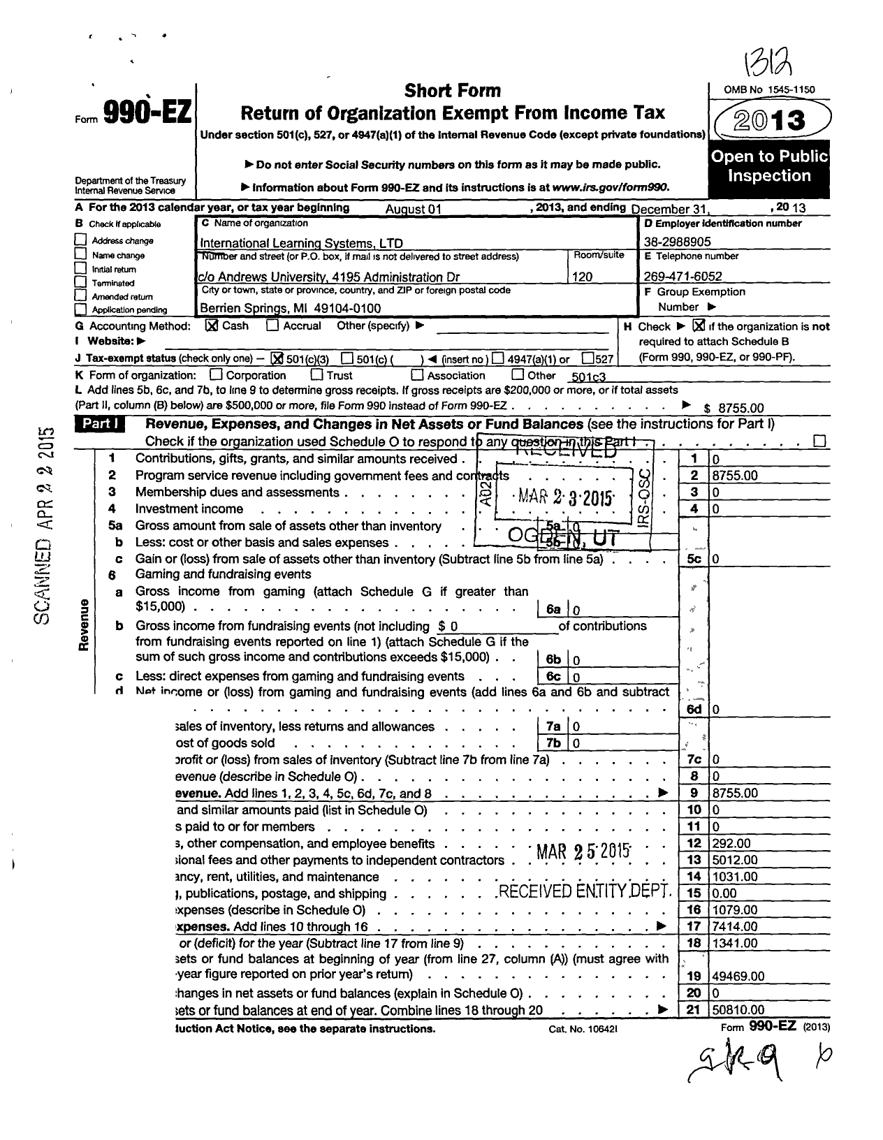 Image of first page of 2013 Form 990EZ for International Learning Systems