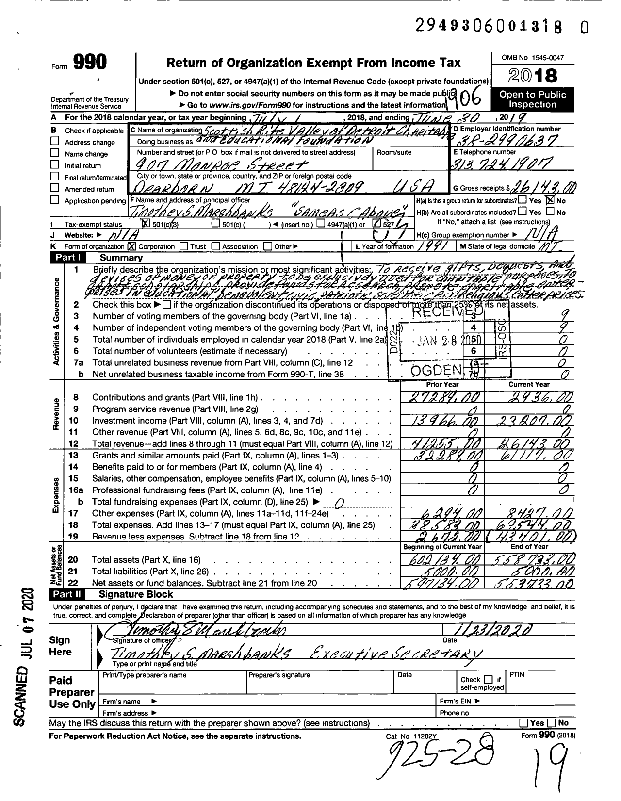 Image of first page of 2018 Form 990 for Scottish Rite Valley of Detroit Charitable and Educational Foundation