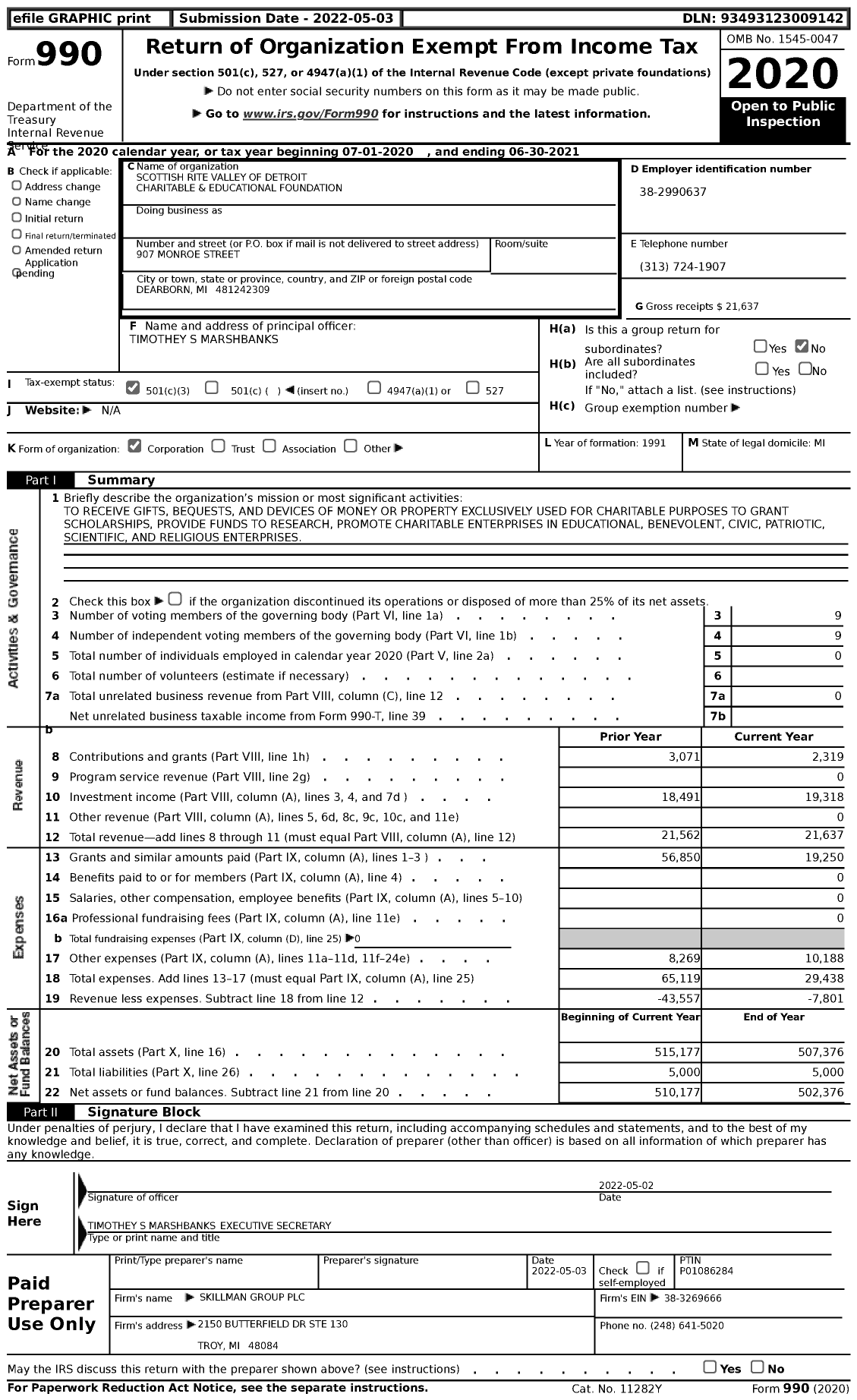 Image of first page of 2020 Form 990 for Scottish Rite Valley of Detroit Charitable and Educational Foundation