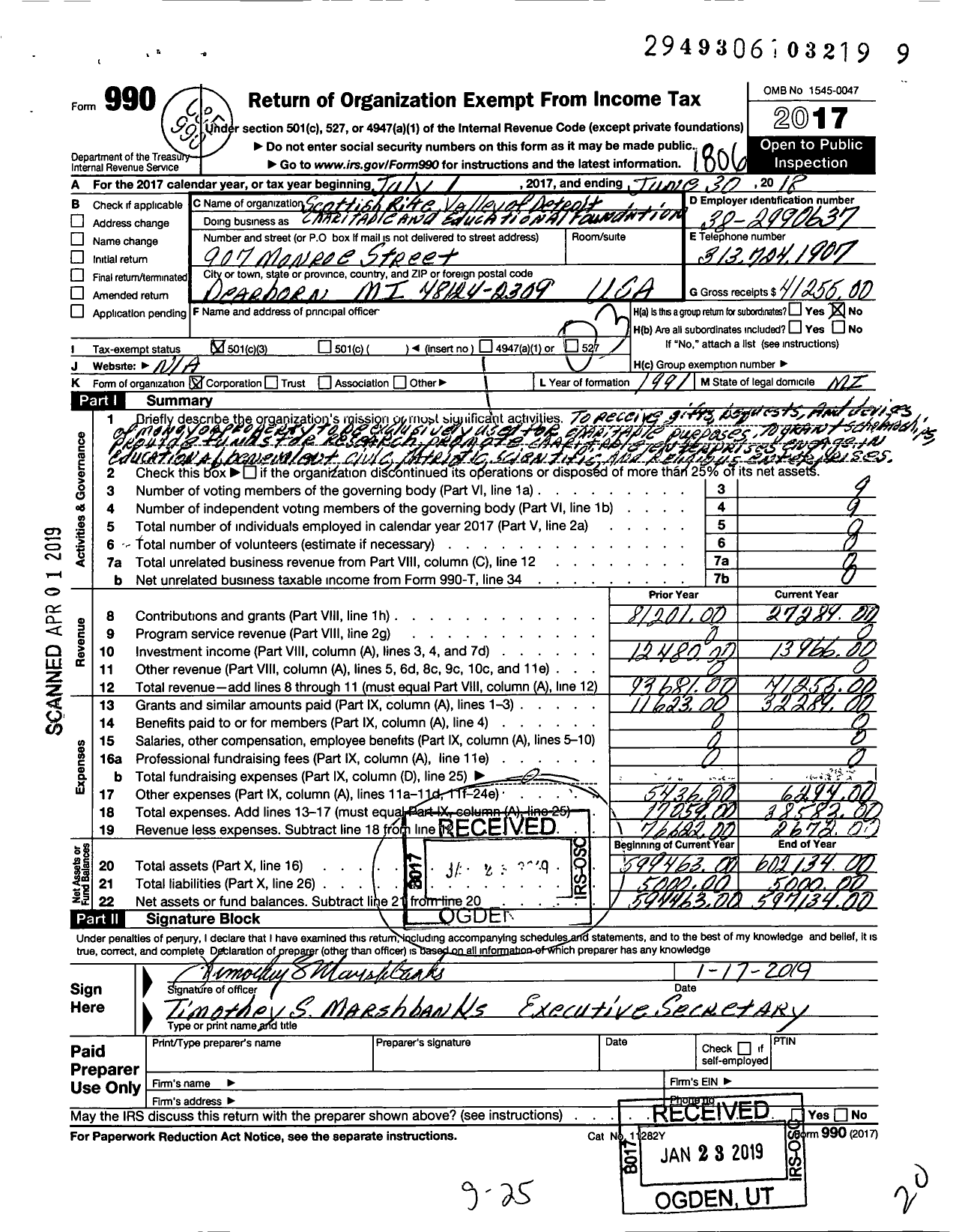 Image of first page of 2017 Form 990 for Scottish Rite Valley of Detroit Charitable and Educational Foundation