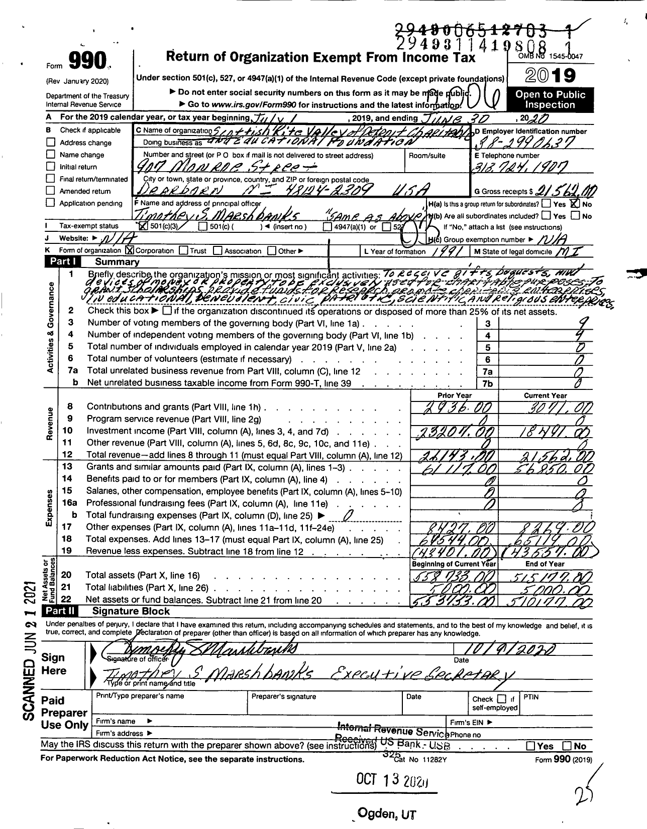 Image of first page of 2019 Form 990 for Scottish Rite Valley of Detroit Charitable and Educational Foundation