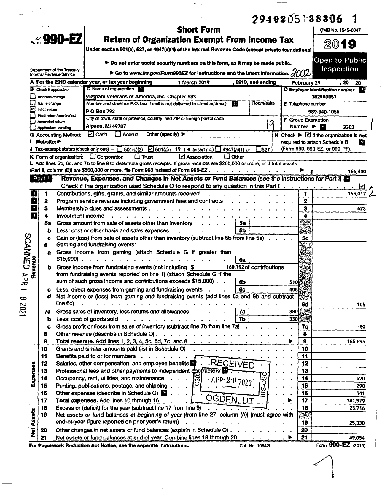 Image of first page of 2019 Form 990EO for Vietnam Veterans of America Chapter 583