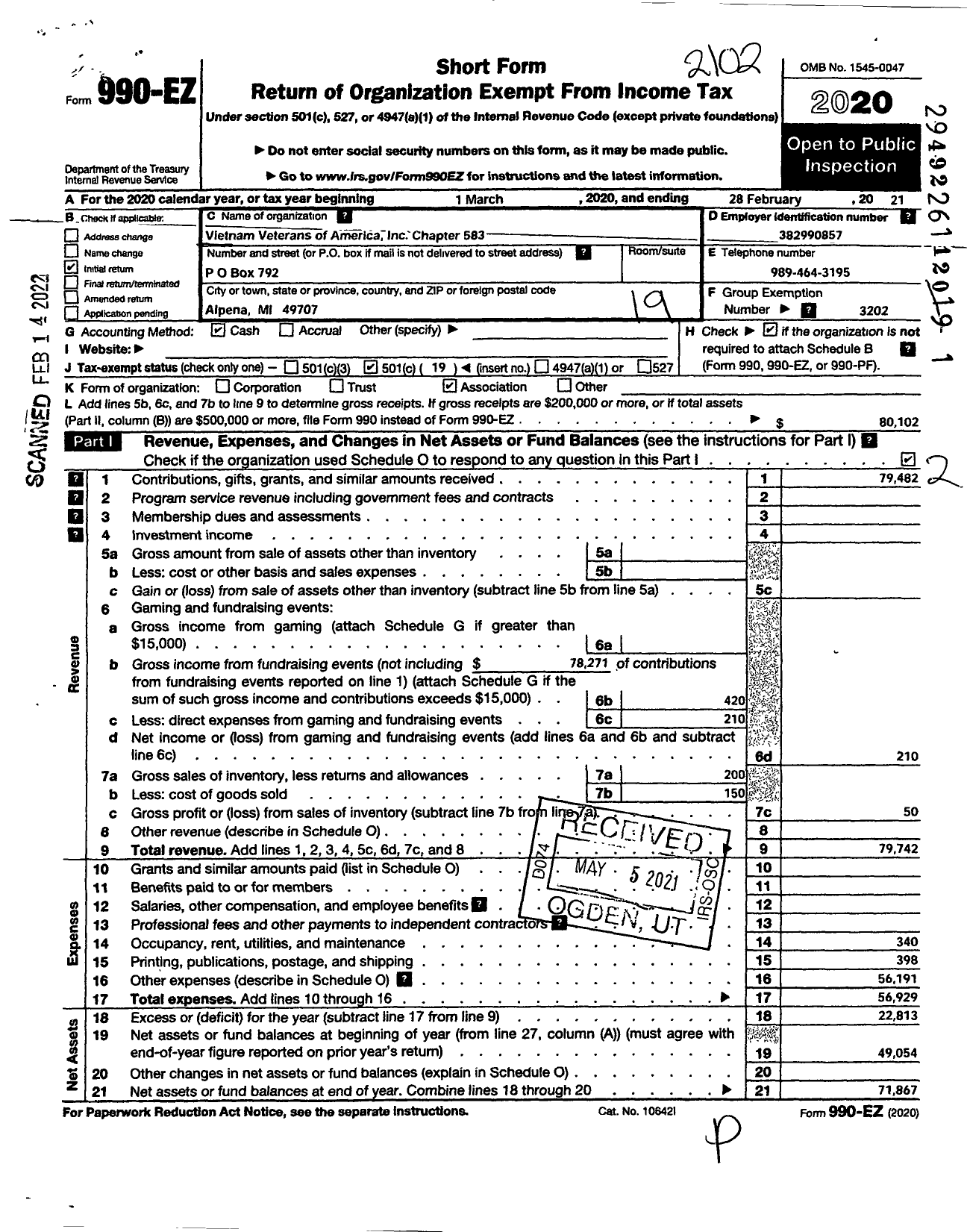 Image of first page of 2020 Form 990EO for Vietnam Veterans of America - 583 Chapter