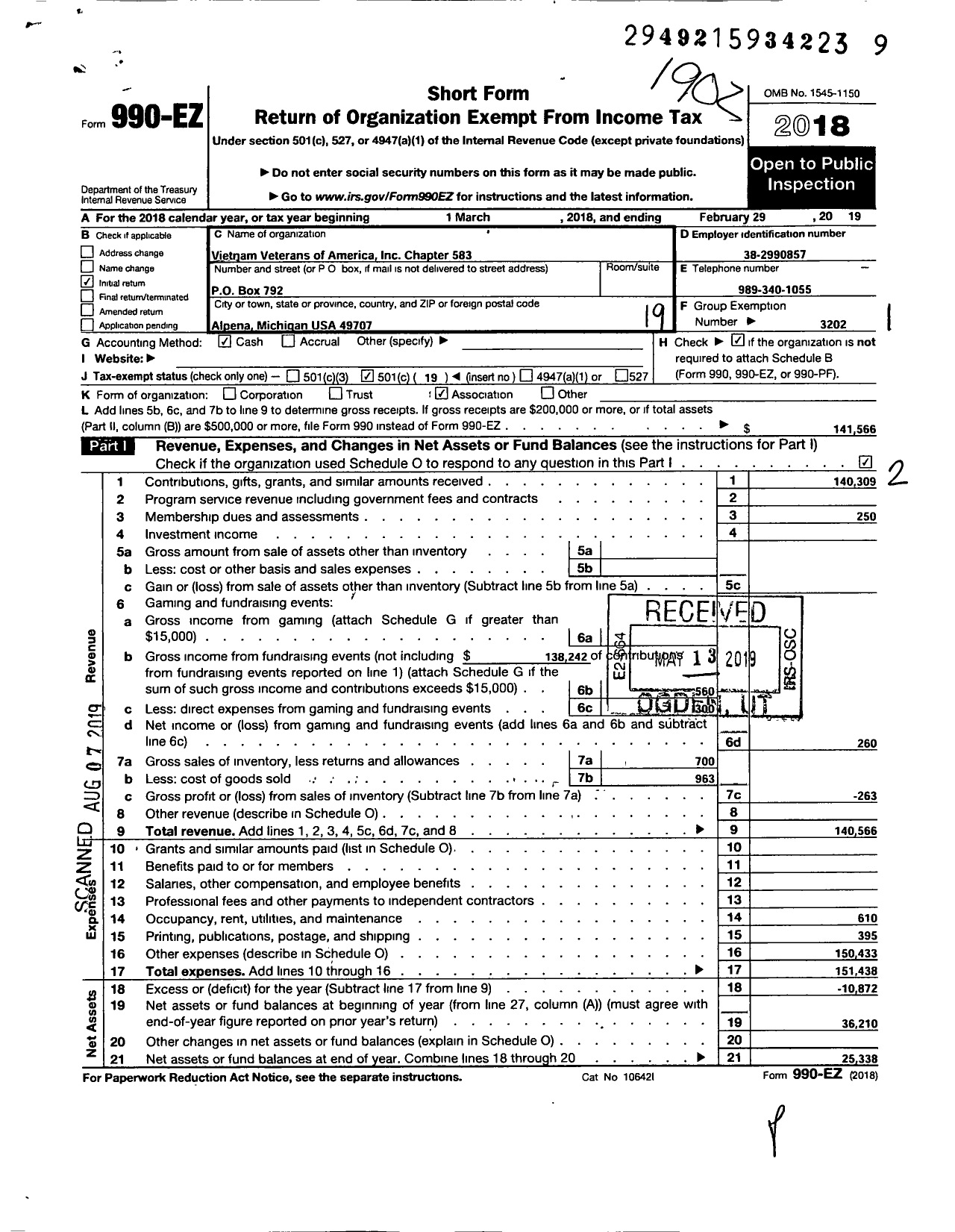 Image of first page of 2018 Form 990EO for Vietnam Veterans of America - 583 Chapter