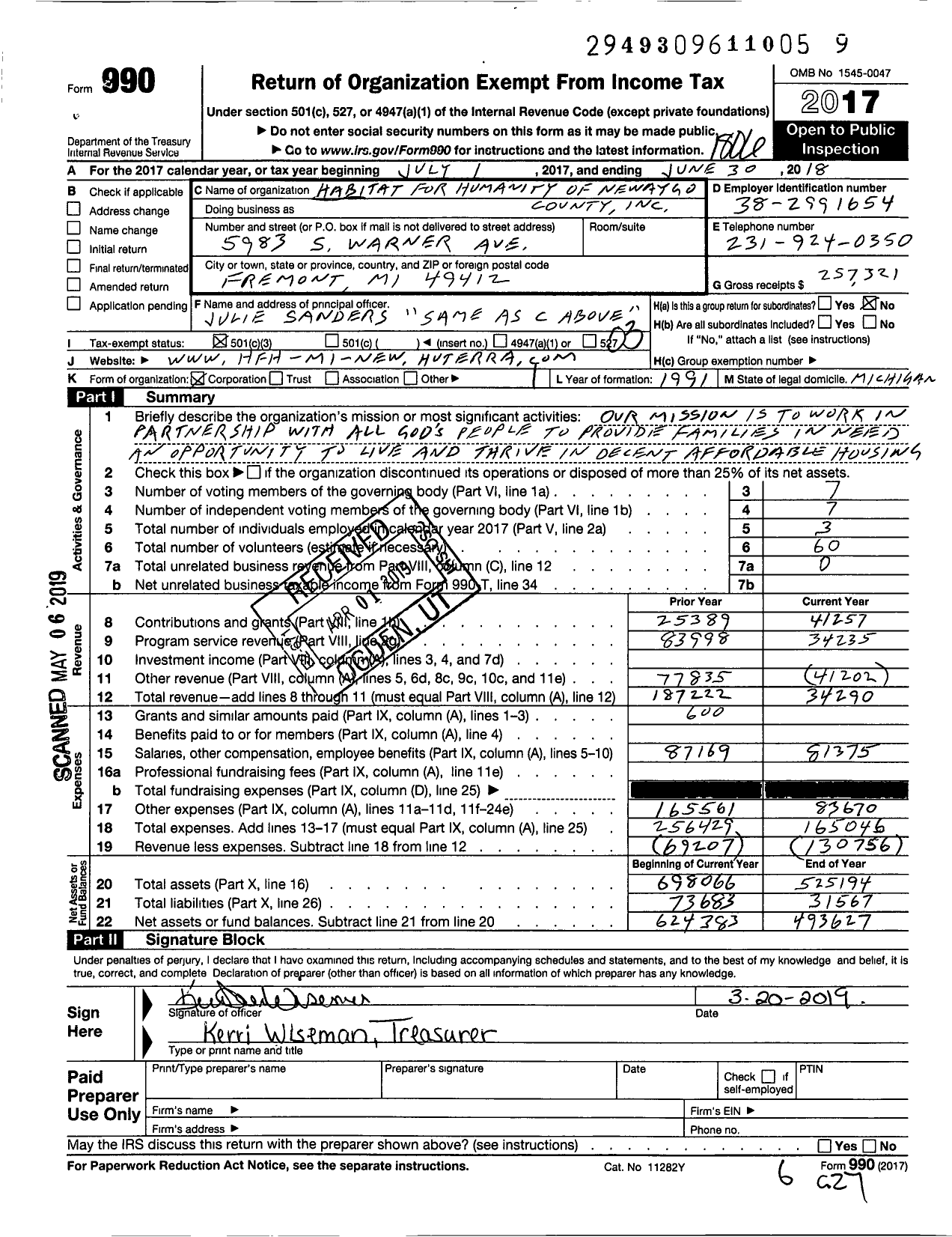 Image of first page of 2017 Form 990 for Habitat for Humanity - Mewaygo Co HFH of