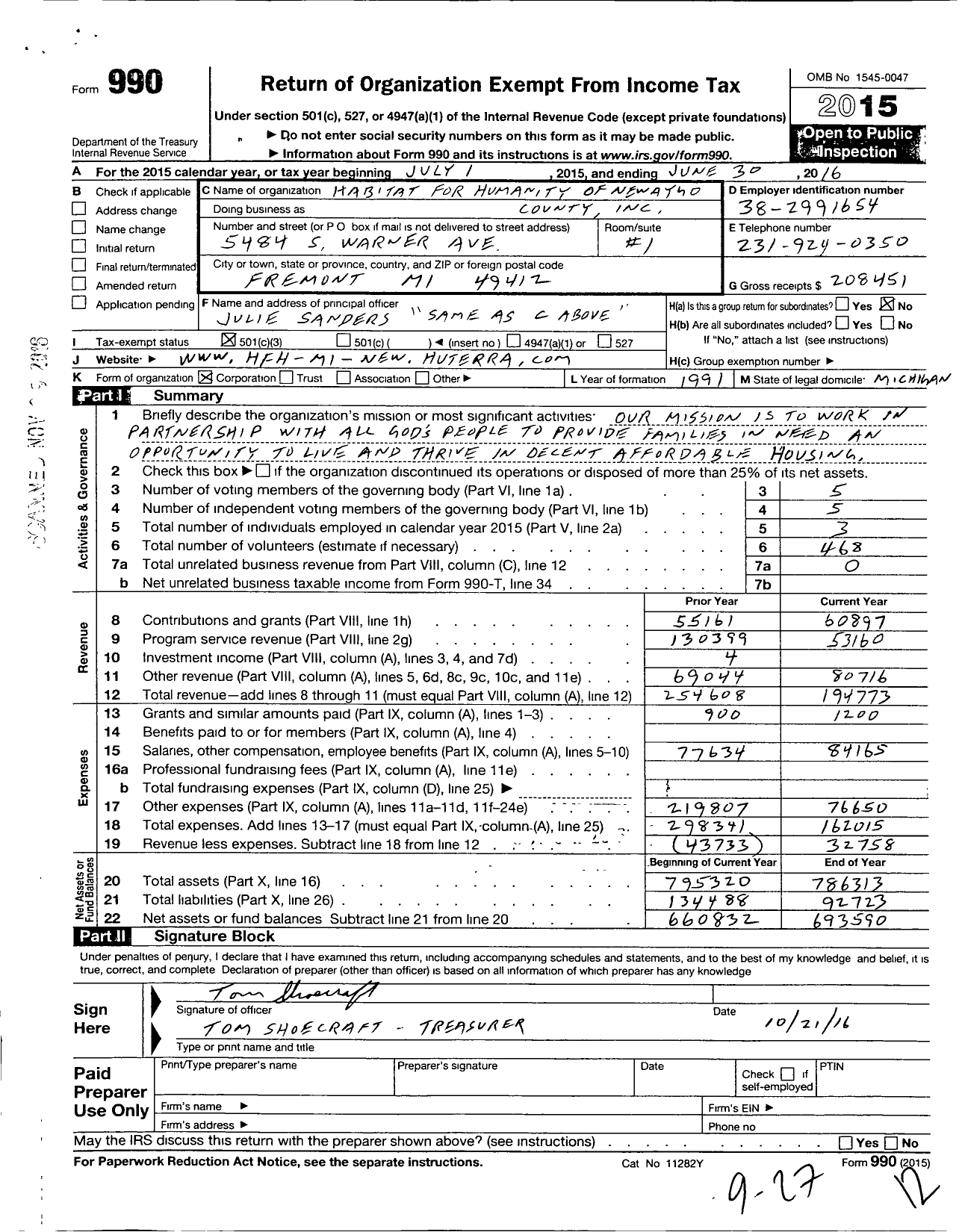 Image of first page of 2015 Form 990 for Habitat for Humanity - Mewaygo Co HFH of