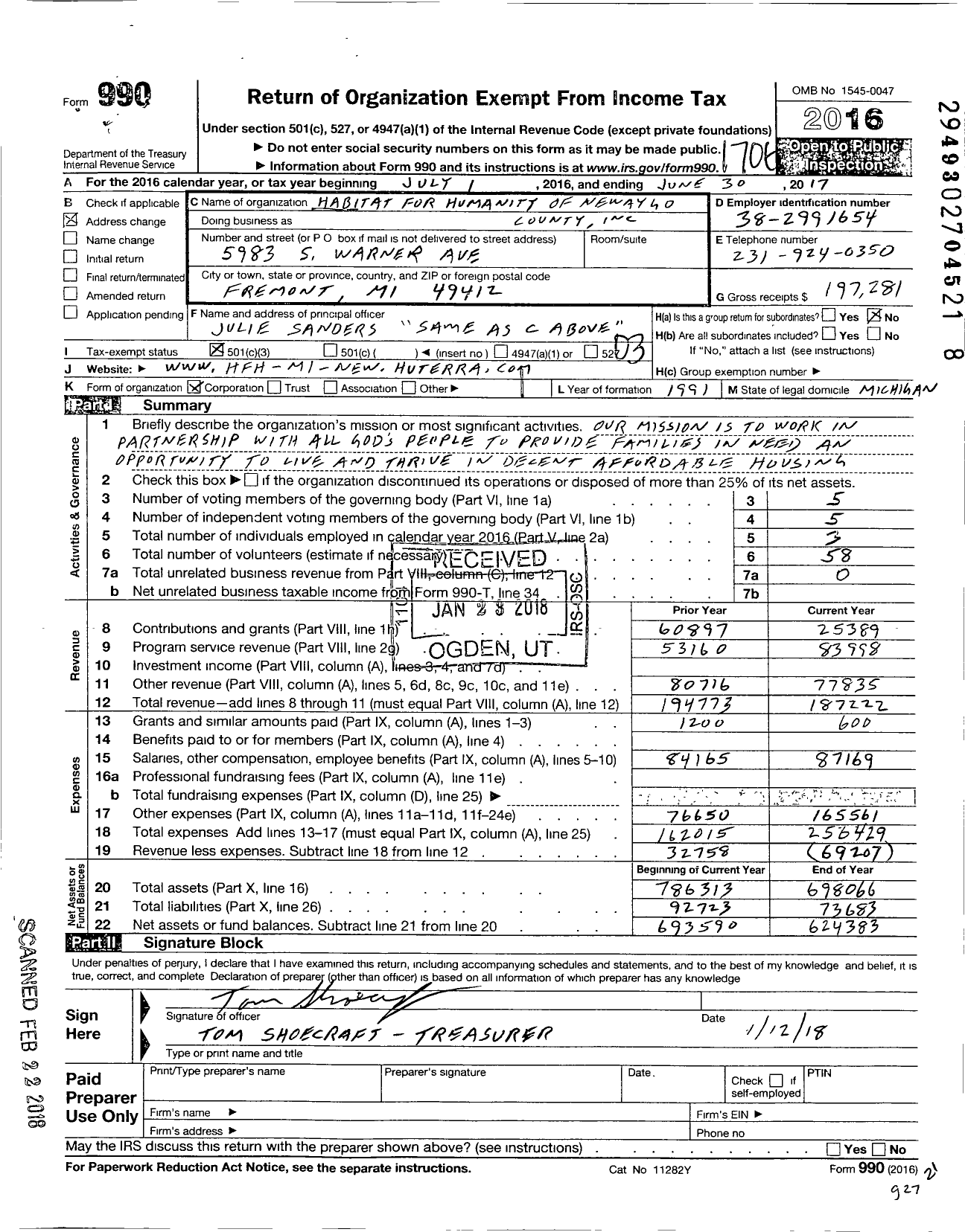 Image of first page of 2016 Form 990 for Habitat for Humanity - Mewaygo Co HFH of