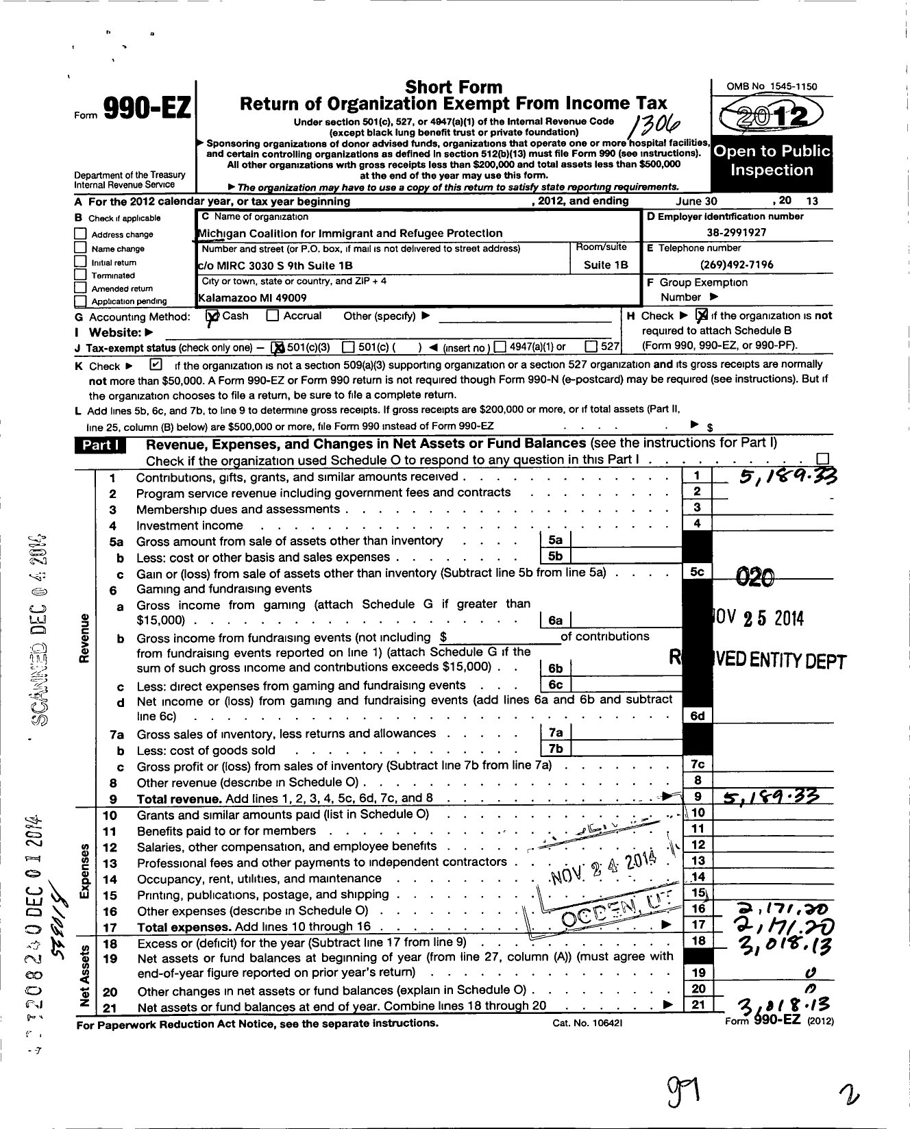 Image of first page of 2012 Form 990EZ for Michigan Coalition for Immigrant and Refugee Rights