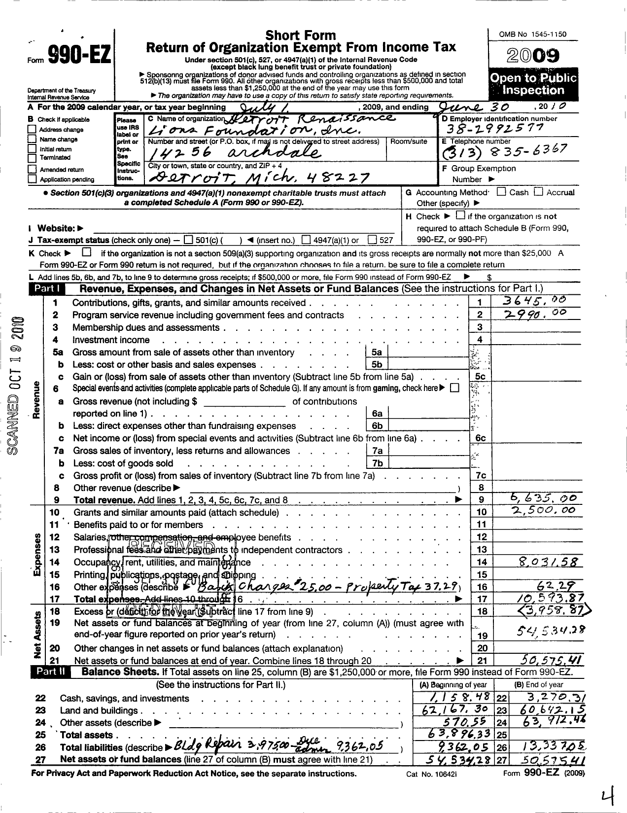 Image of first page of 2009 Form 990EO for Detroit Renaissance Lions Foundation