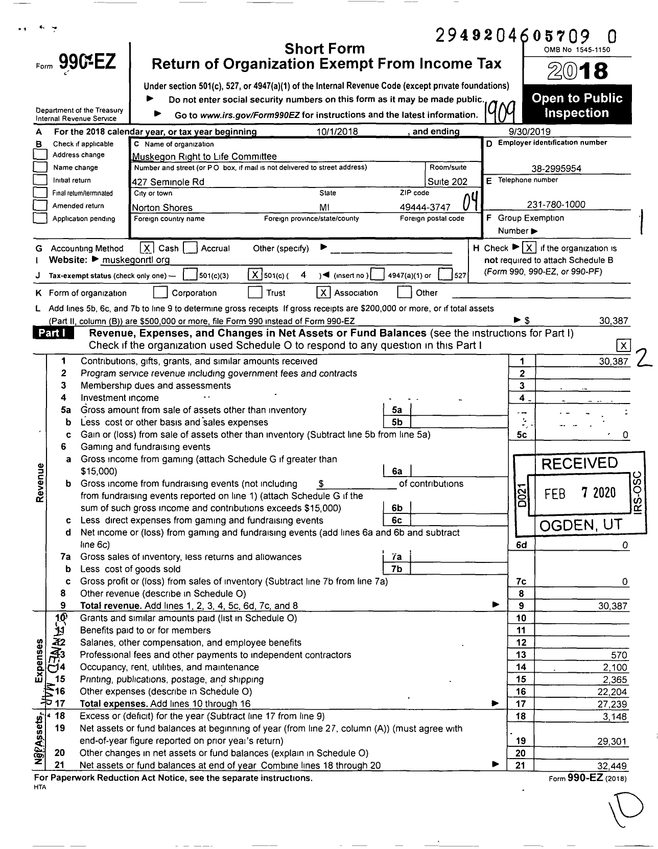 Image of first page of 2018 Form 990EO for Muskegon Right to Life Committee