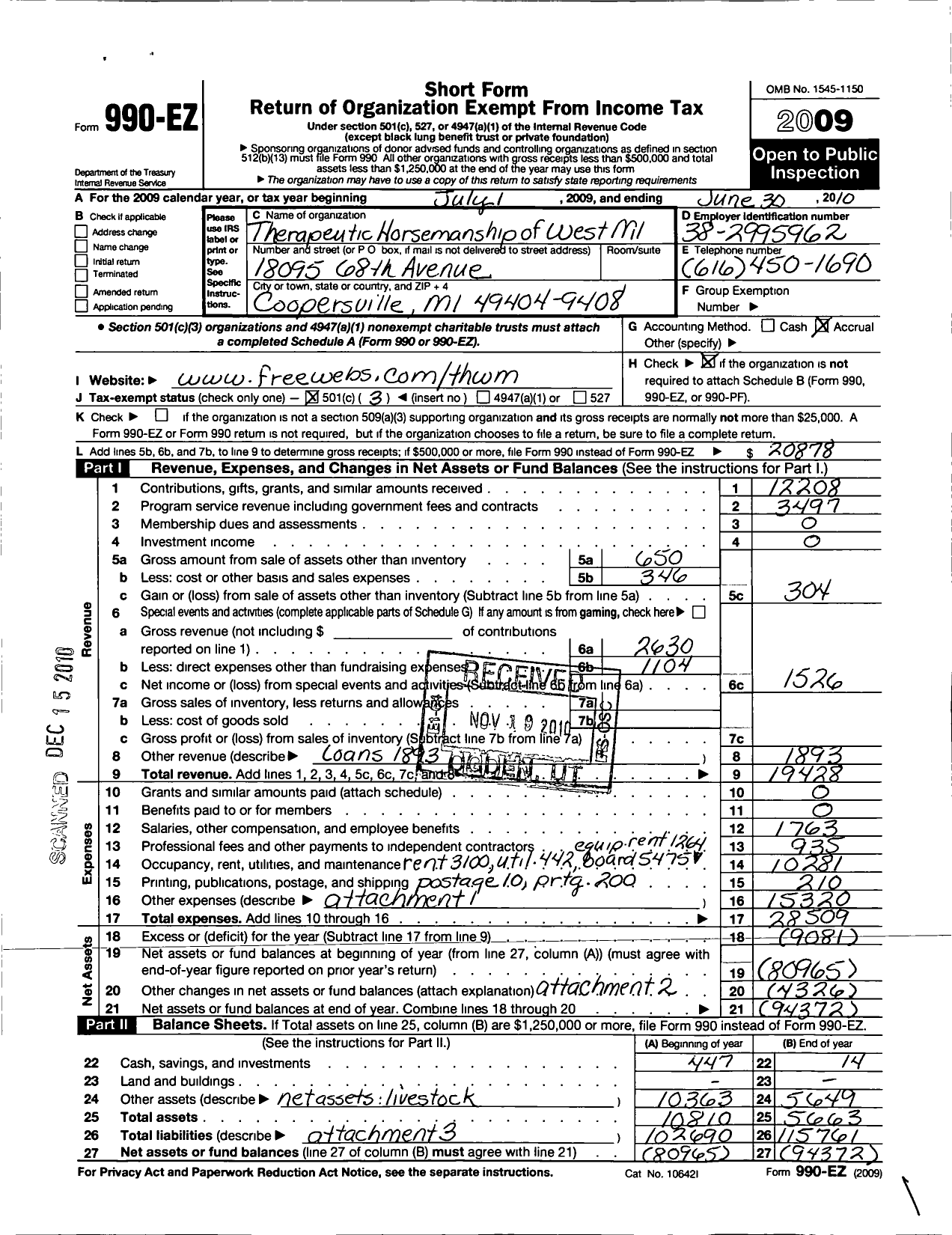 Image of first page of 2009 Form 990EZ for Therapeutic Horsemanship of West Michigan