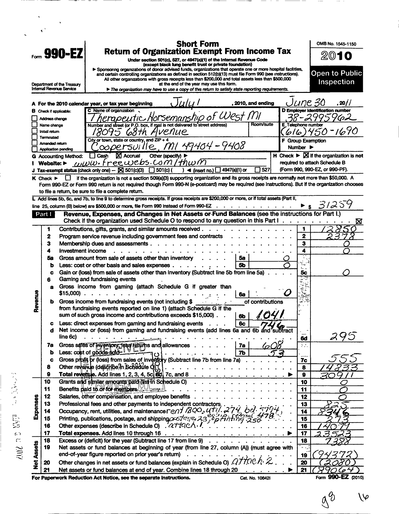 Image of first page of 2010 Form 990EZ for Therapeutic Horsemanship of West Michigan