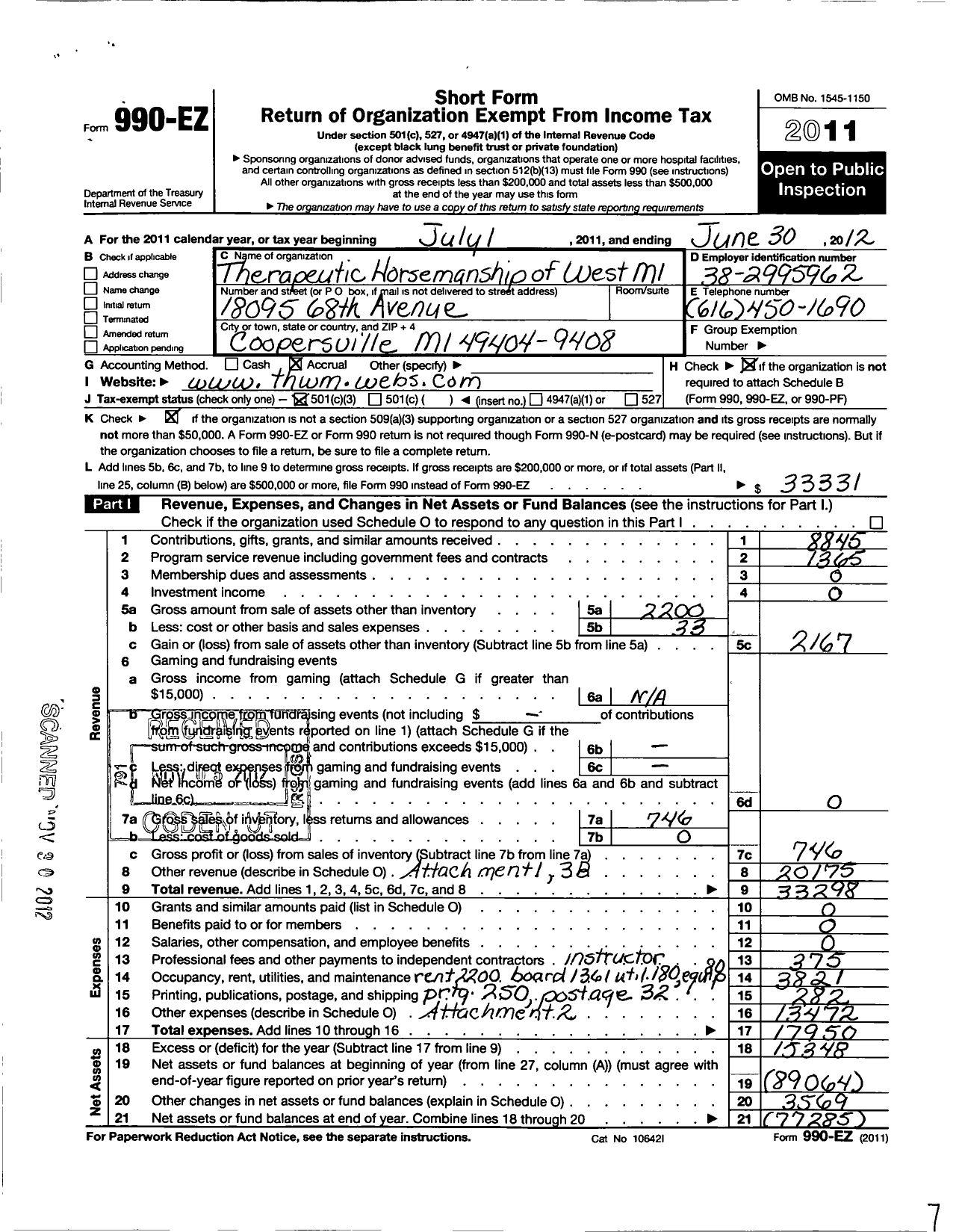 Image of first page of 2011 Form 990EZ for Therapeutic Horsemanship of West Michigan