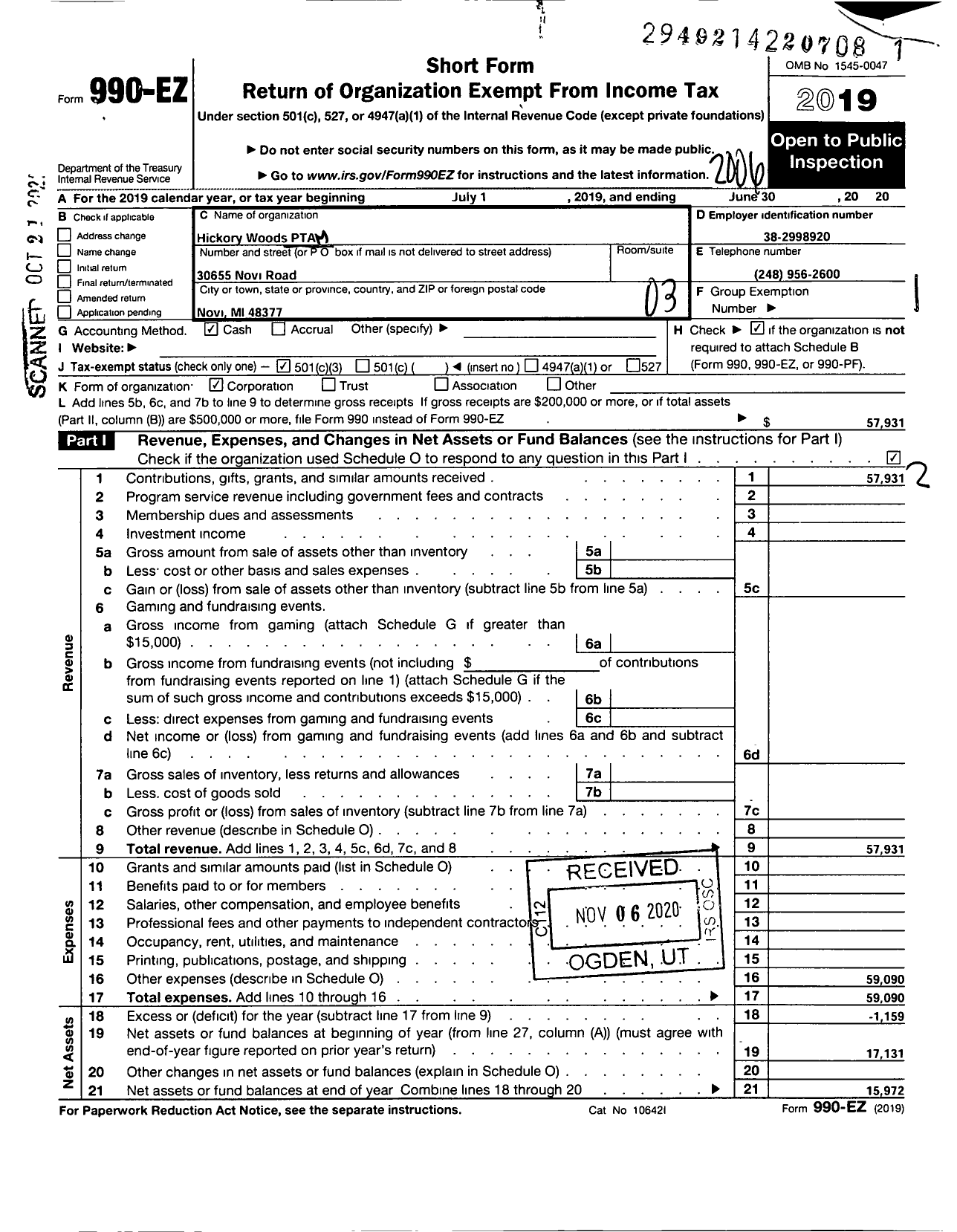 Image of first page of 2019 Form 990EZ for Ptsa Michigan Congress of Parents Teachers and Students / Hickory Woods Elementary PTA