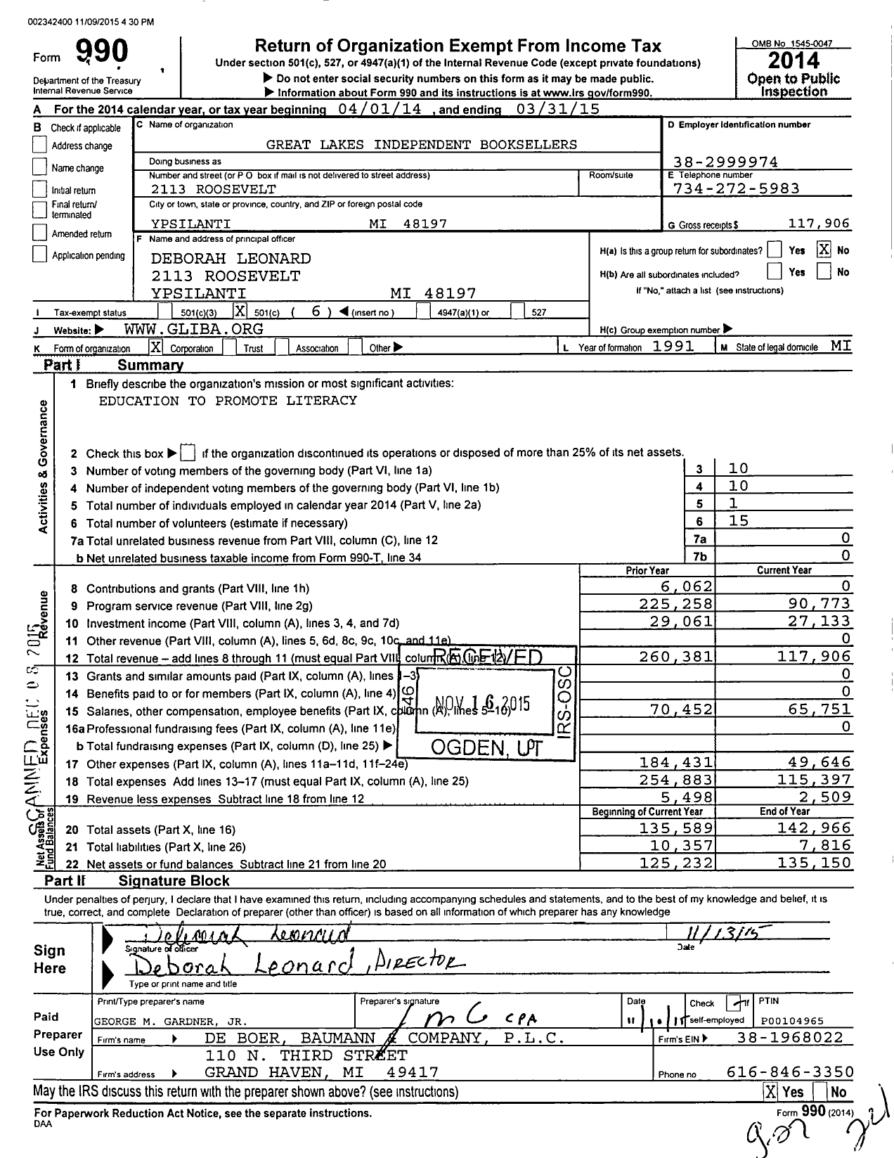 Image of first page of 2014 Form 990O for Great Lakes Independent Booksellers