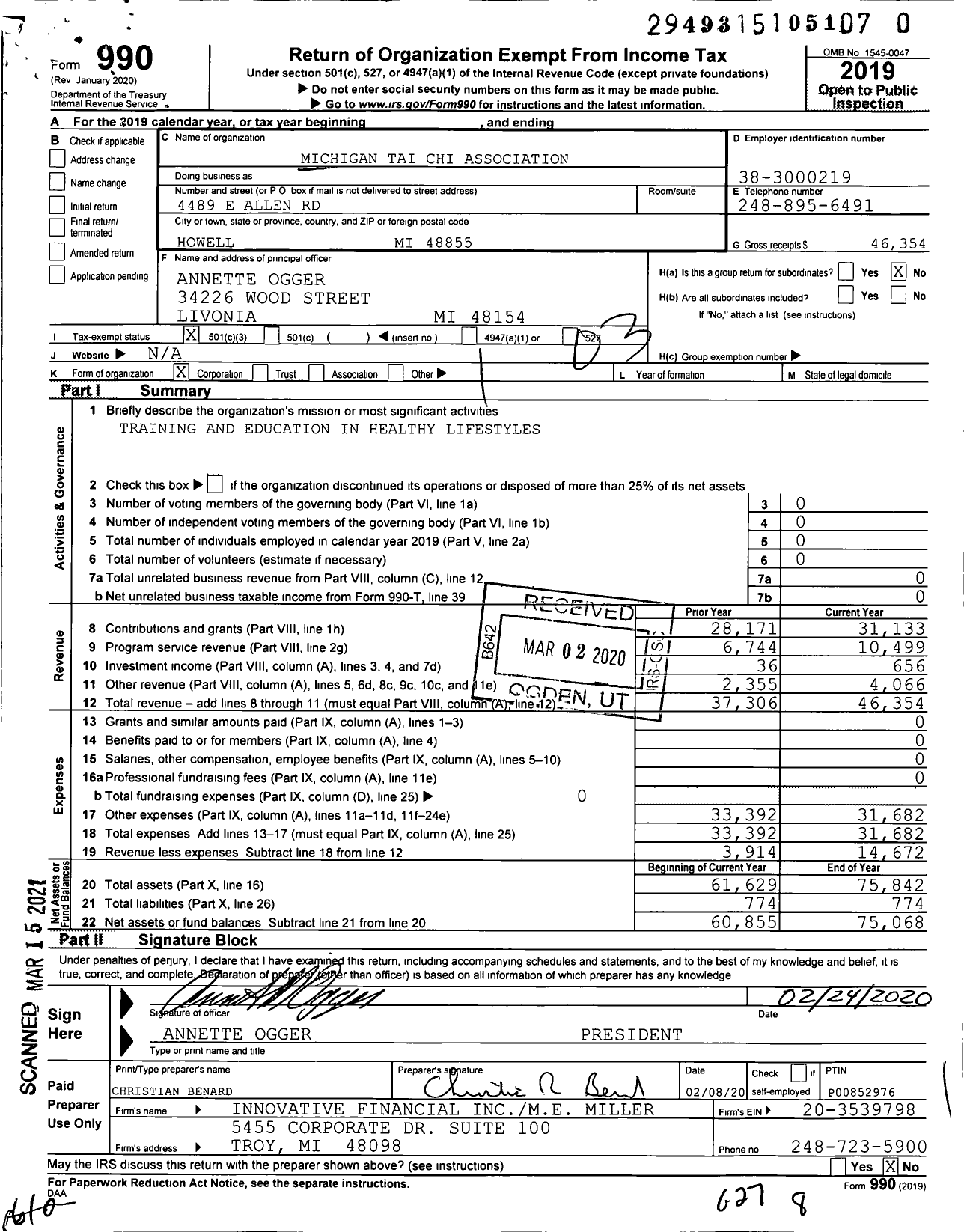 Image of first page of 2019 Form 990 for Michigan Tai Chi Association