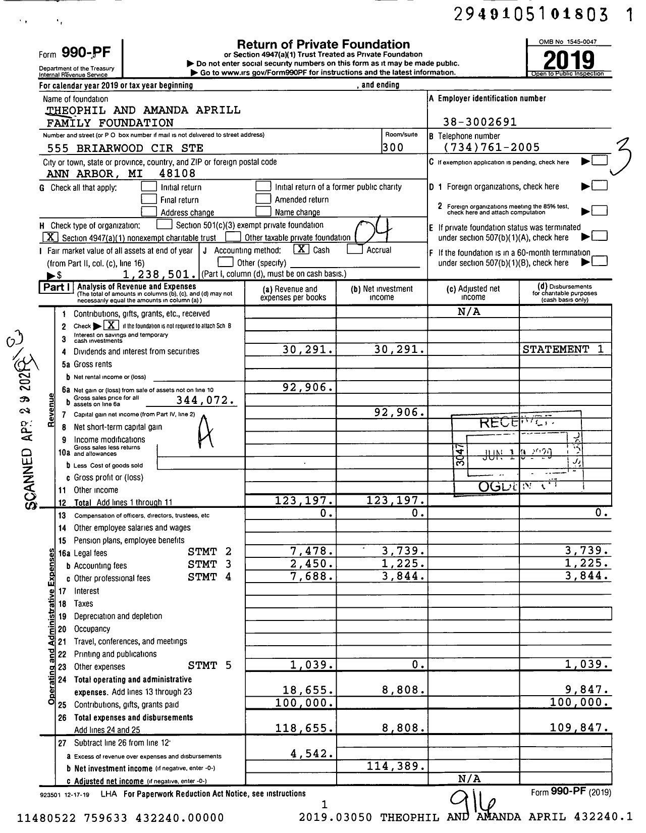 Image of first page of 2019 Form 990PF for Theophil and Amanda Aprill Family Foundation