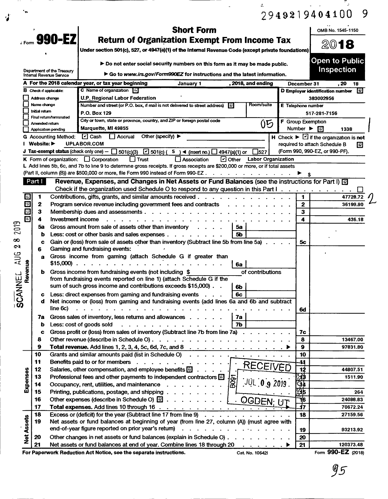 Image of first page of 2018 Form 990EO for AFL-CIO - Upper Peninsula Regional Labor Fede