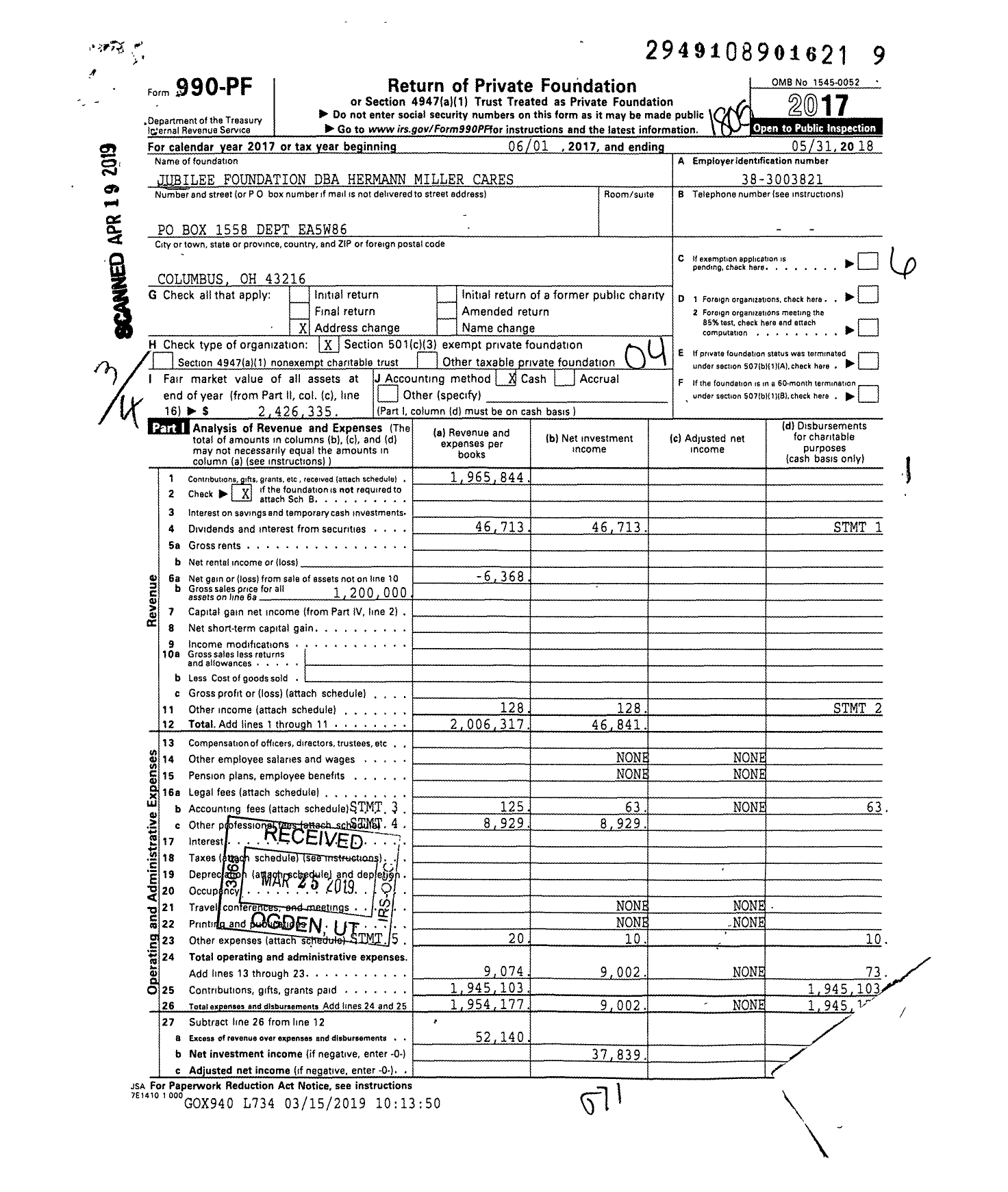 Image of first page of 2017 Form 990PF for Millerknoll Foundation