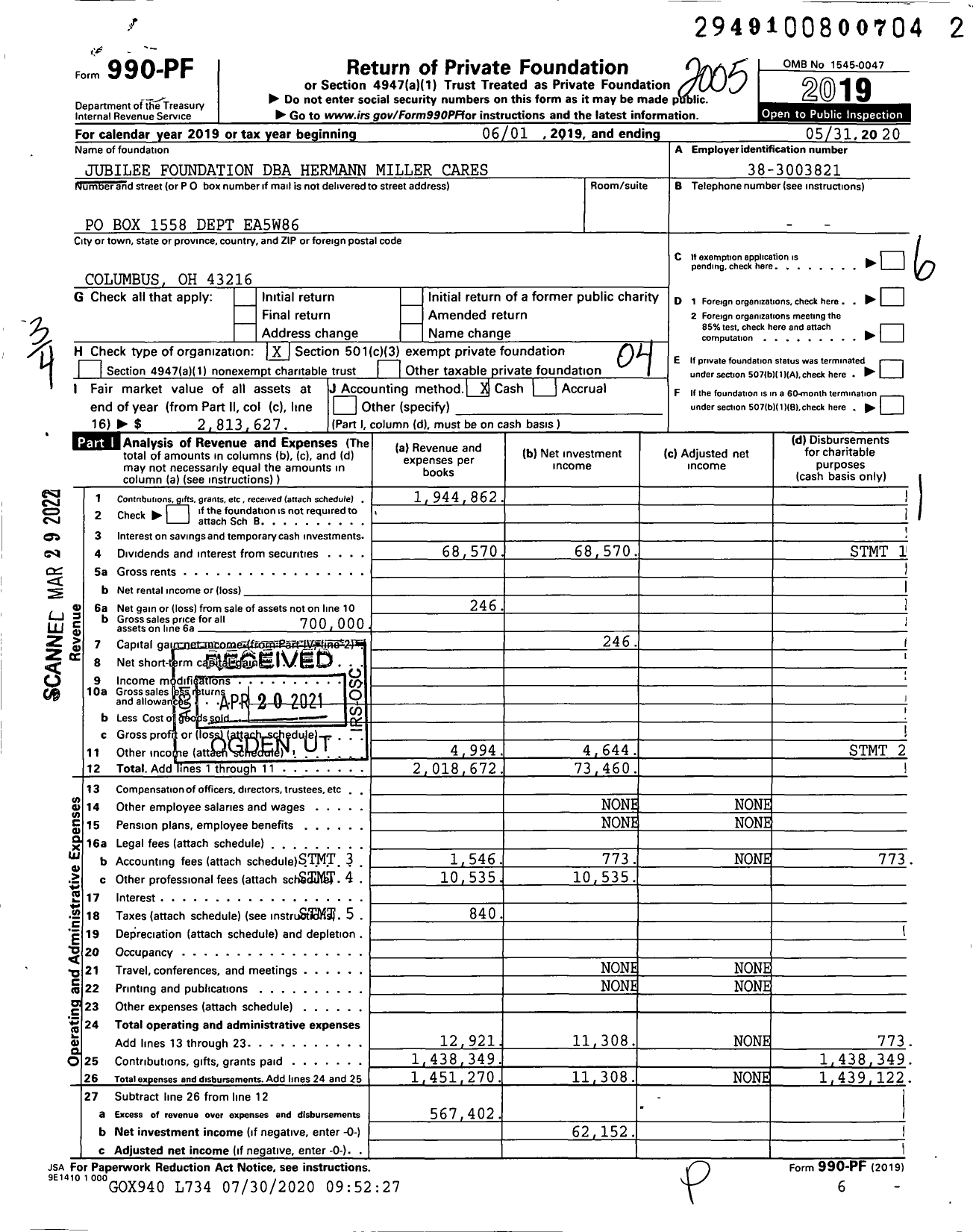 Image of first page of 2019 Form 990PF for Millerknoll Foundation