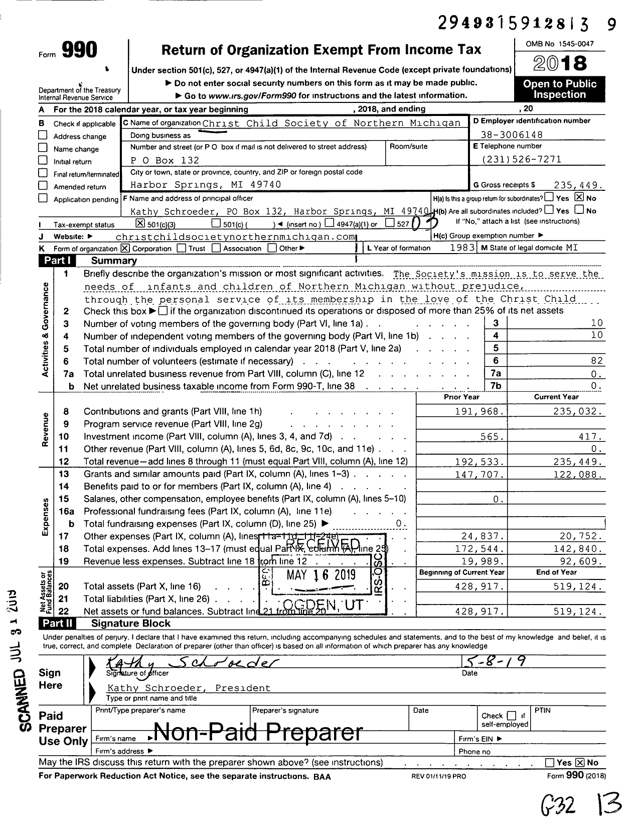 Image of first page of 2018 Form 990 for Christ Child Society of Northern Michigan