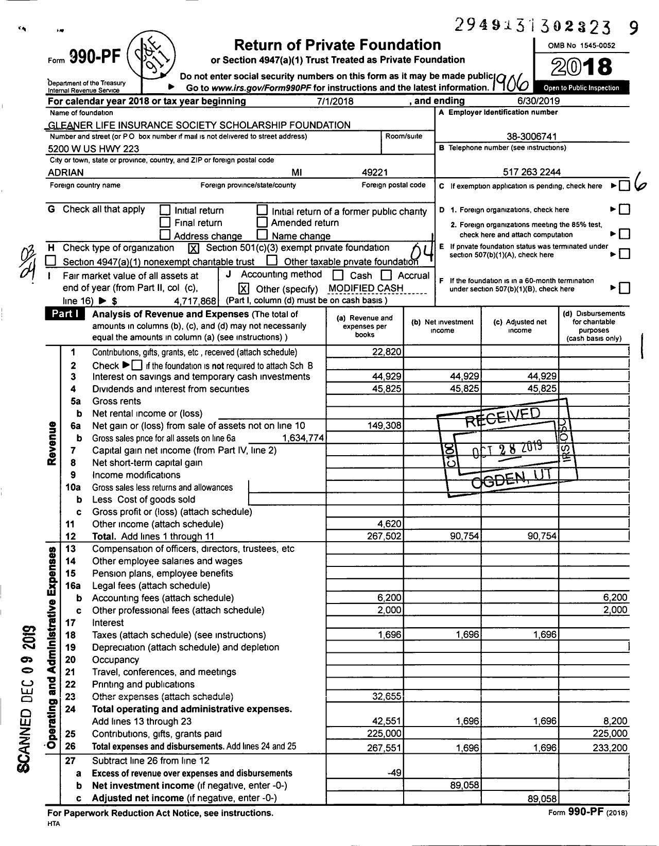 Image of first page of 2018 Form 990PF for Gleaner Life Insurance Society Scholarship Foundation