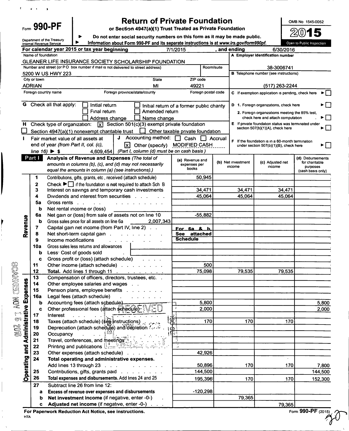 Image of first page of 2015 Form 990PF for Gleaner Life Insurance Society Scholarship Foundation