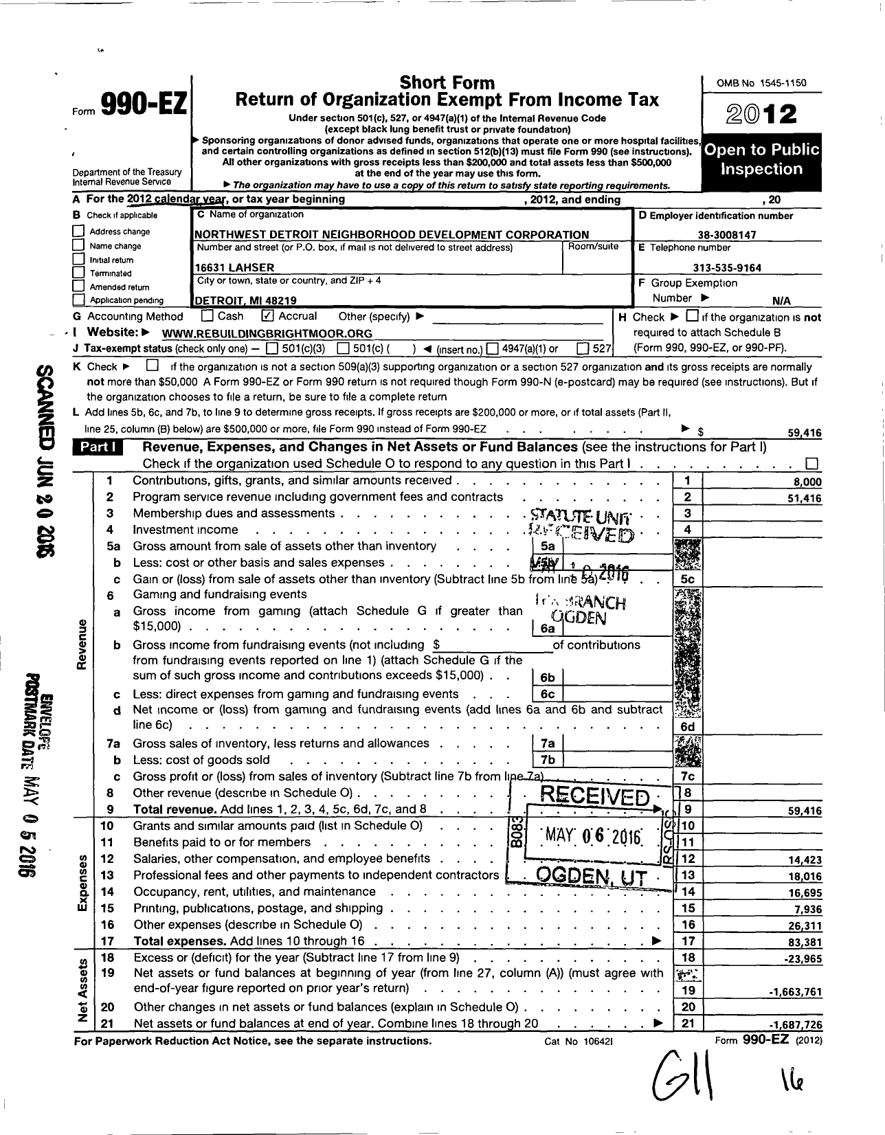 Image of first page of 2012 Form 990EO for Northwest Detroit Neighborhood Development