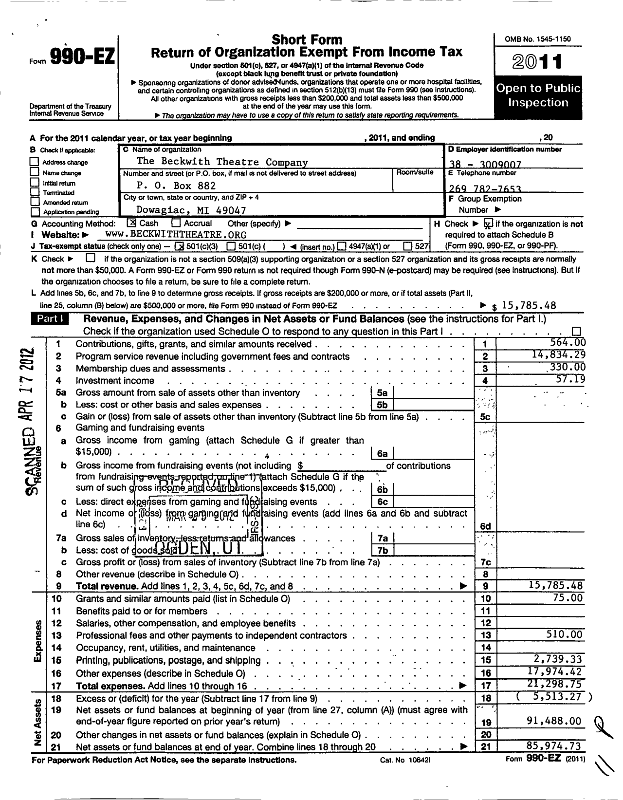 Image of first page of 2011 Form 990EZ for Beckwith Theatre