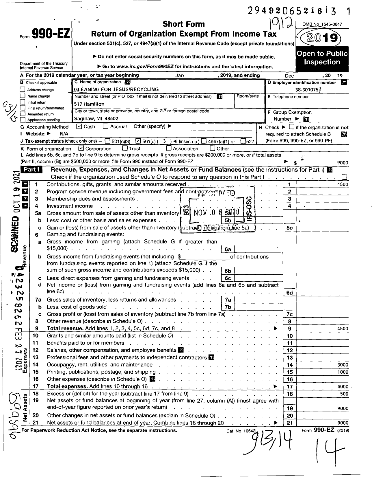 Image of first page of 2019 Form 990EZ for Gleaning for Jesus Recycing