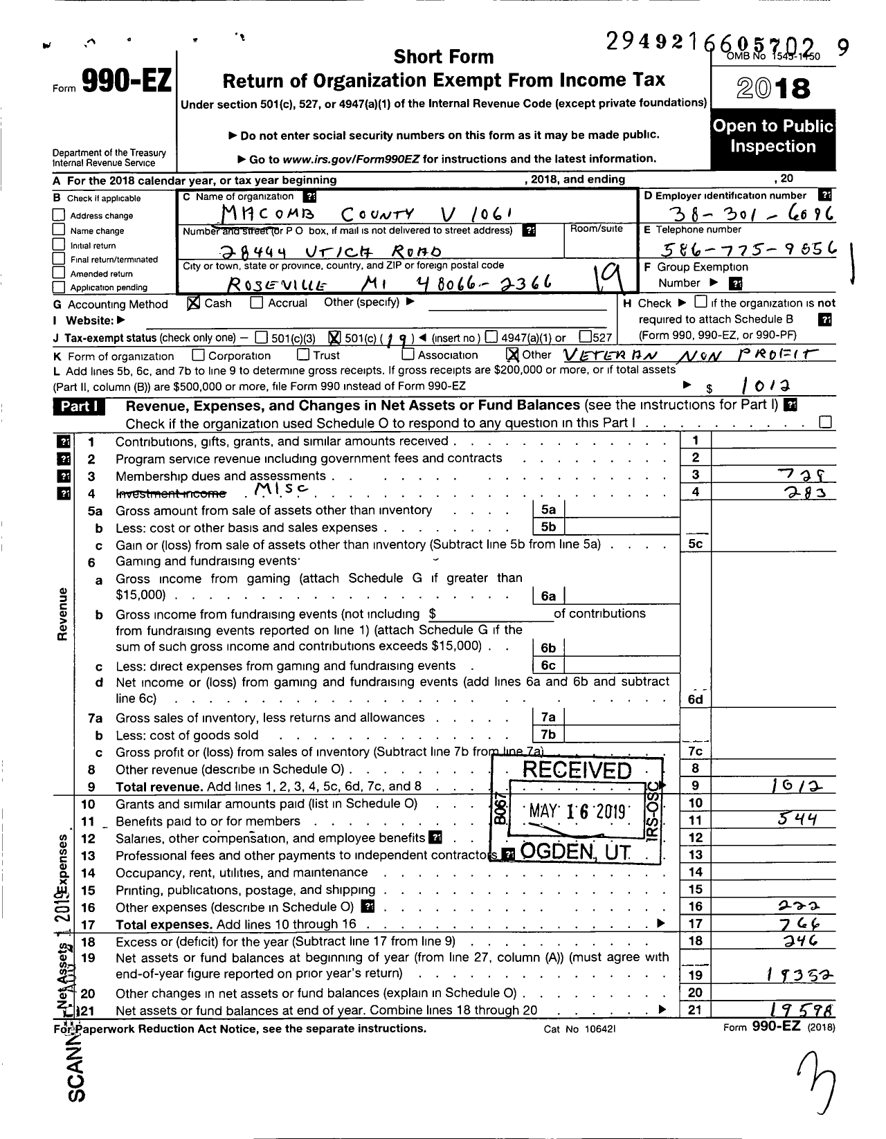 Image of first page of 2018 Form 990EO for The Forty and Eight - 1061 Voiture Locale