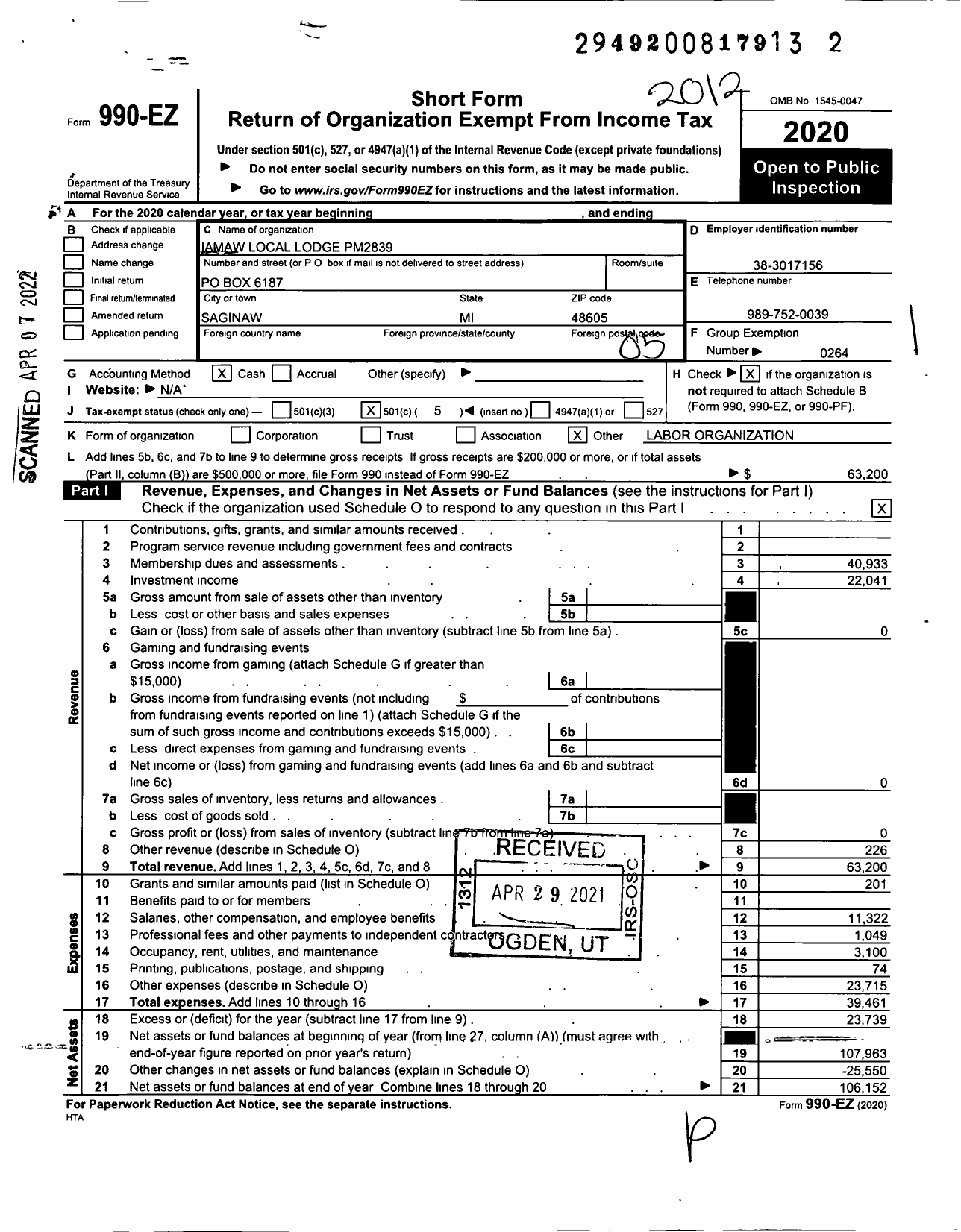 Image of first page of 2020 Form 990EO for International Association of Machinists and Aerospace Workers - PM 2839