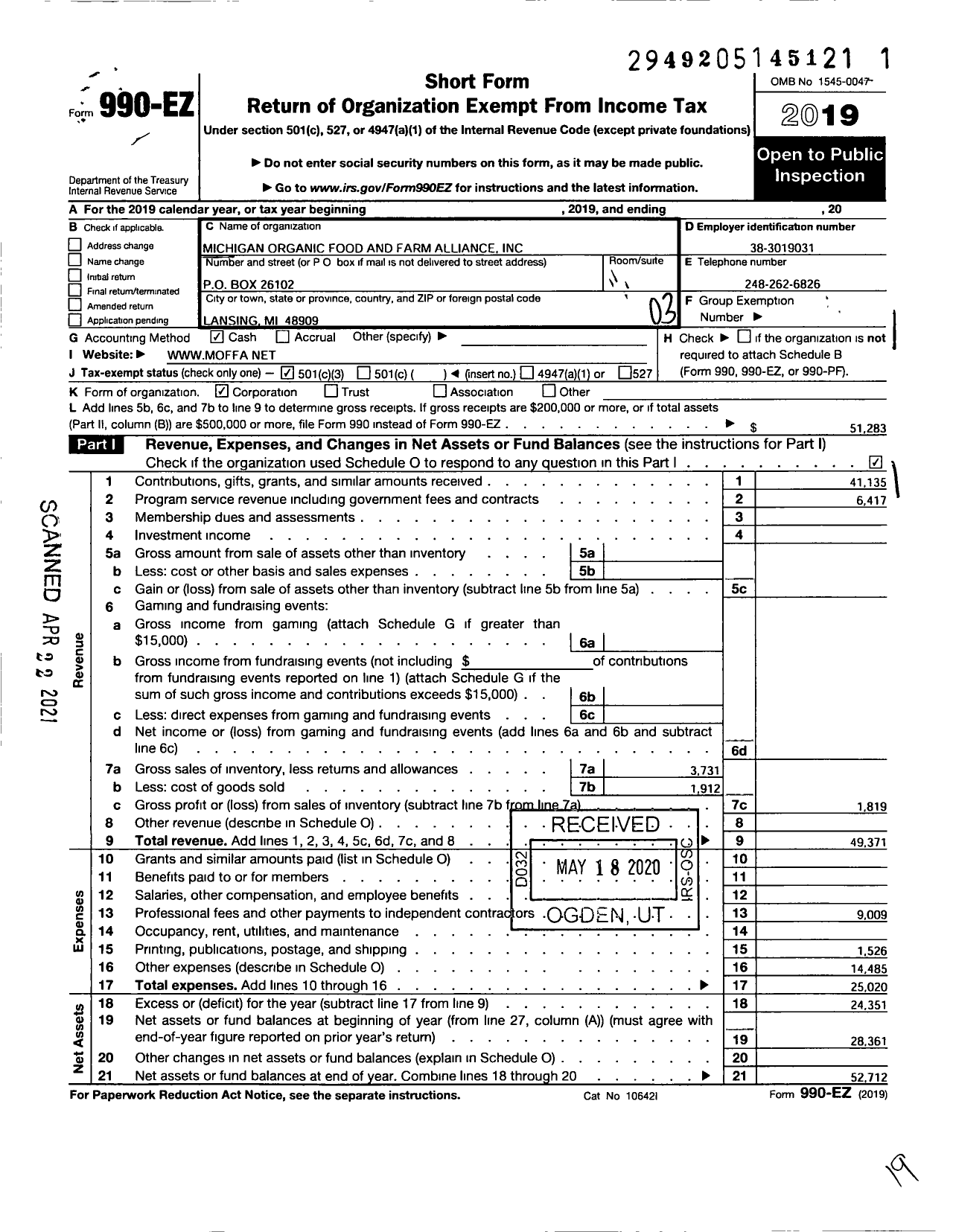 Image of first page of 2019 Form 990EZ for Michigan Organic Food and Farm Alliance