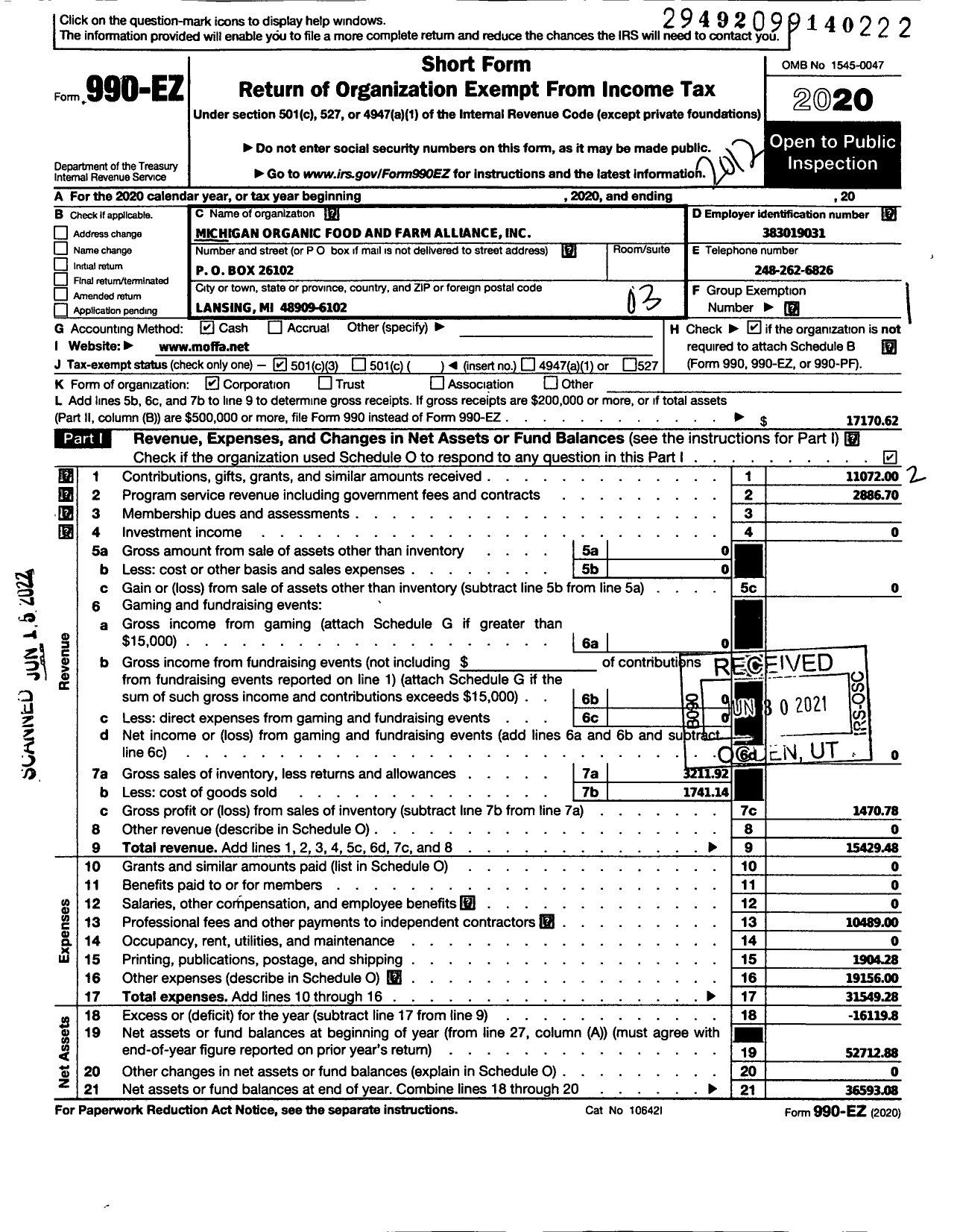 Image of first page of 2020 Form 990EZ for Michigan Organic Food and Farm Alliance