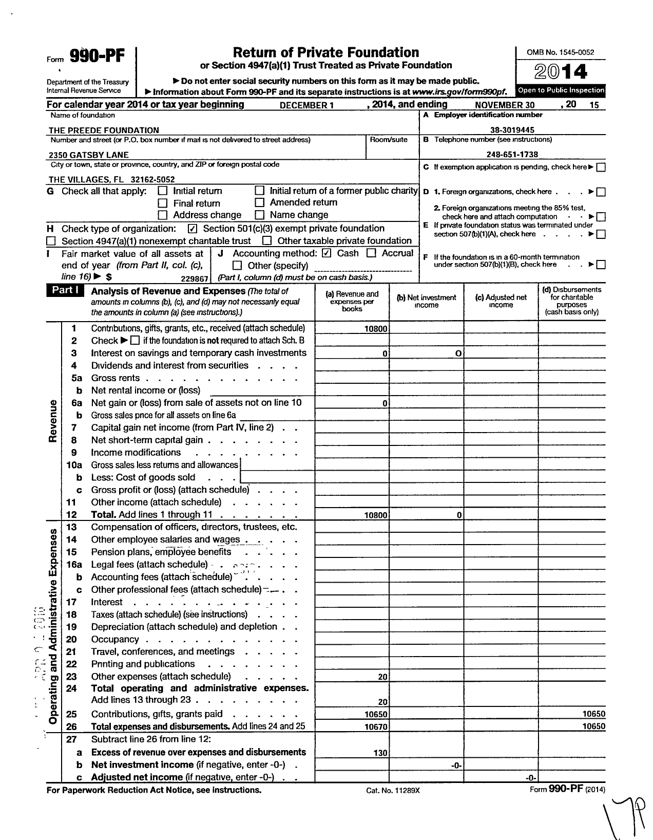 Image of first page of 2014 Form 990PF for Preede Foundation