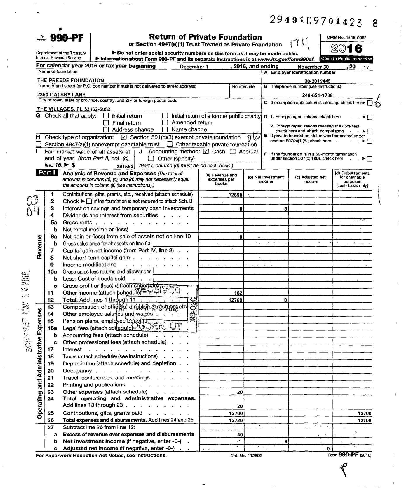 Image of first page of 2016 Form 990PF for Preede Foundation