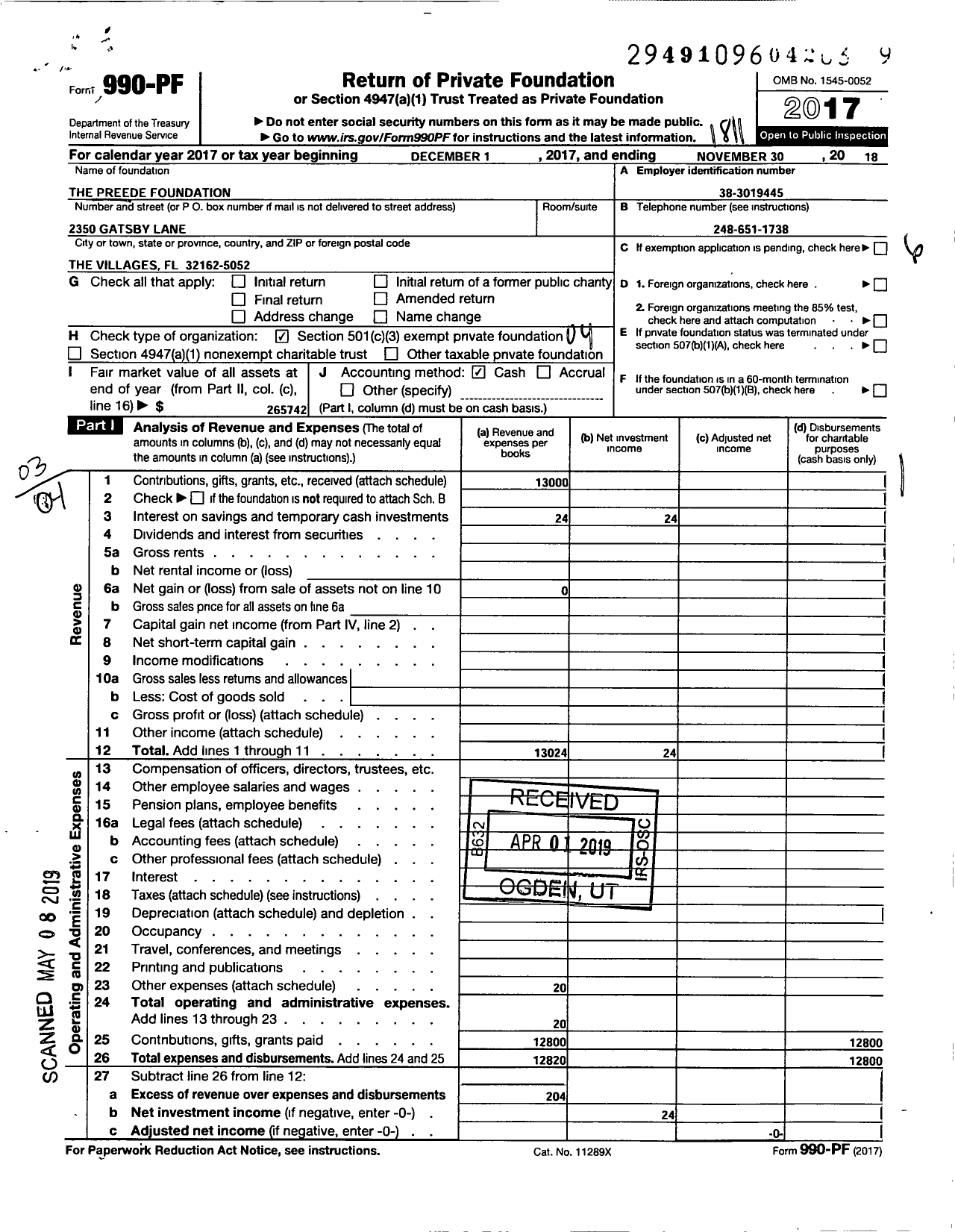 Image of first page of 2017 Form 990PF for Preede Foundation